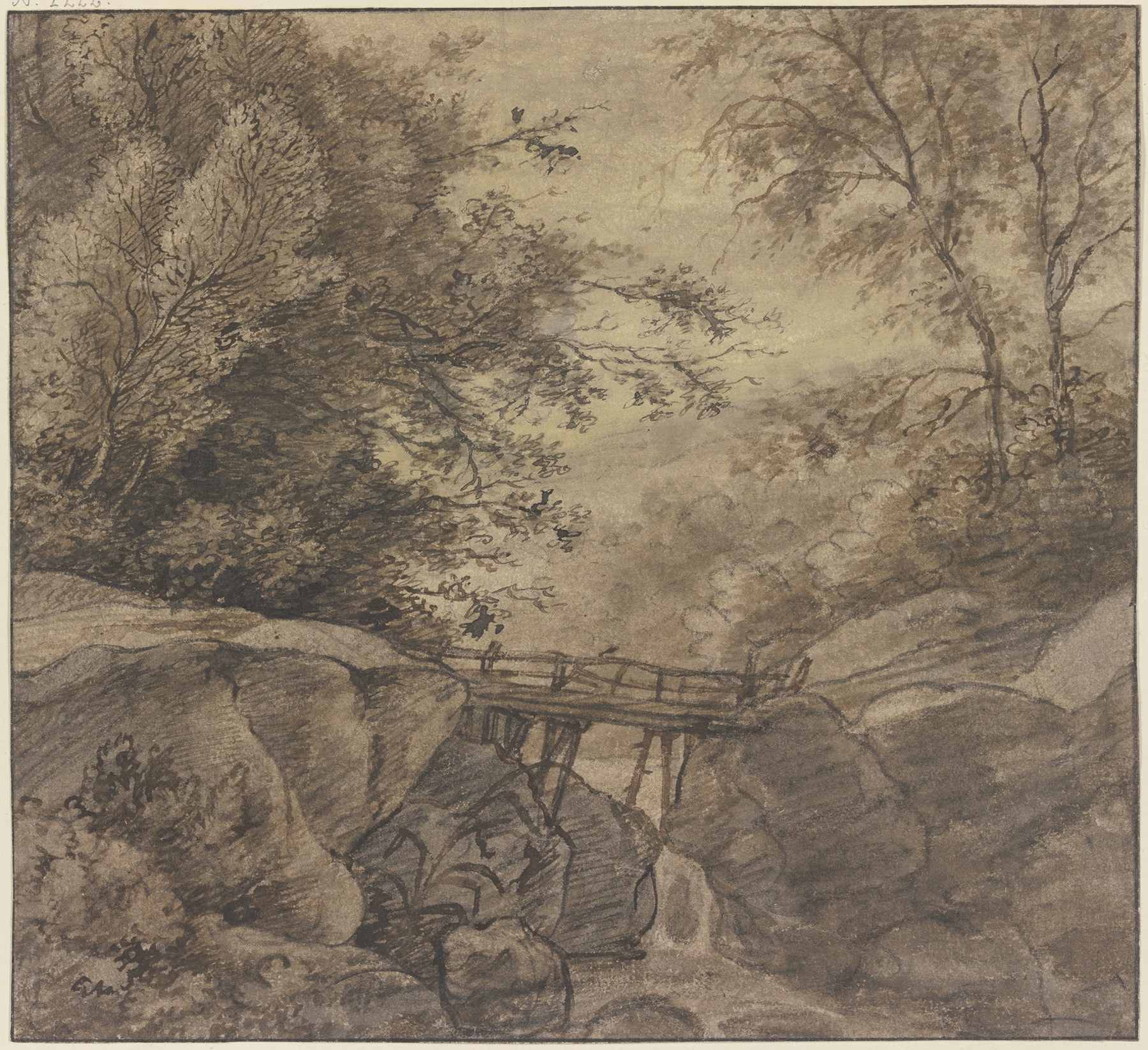 Oil painting by Antonie Waterloo depicting a waterfall and wooden bridge in a forest