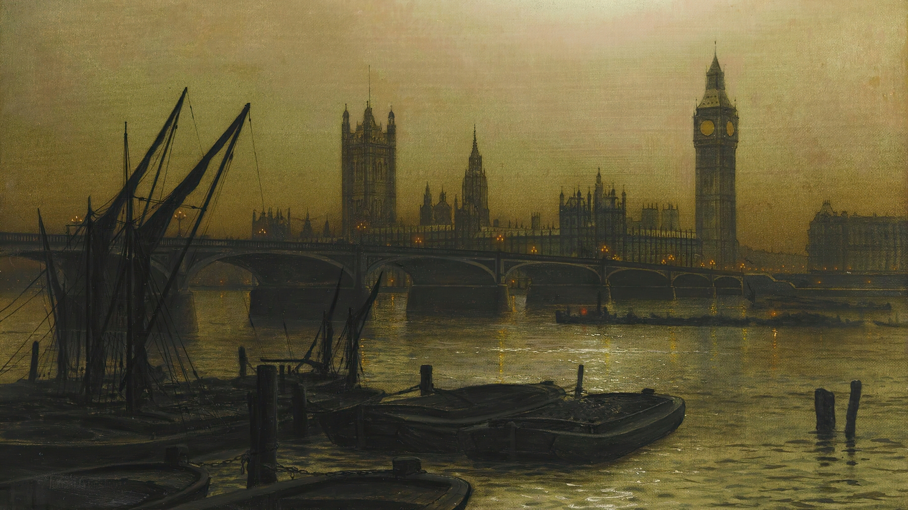 Westminster Bridge with the Houses of Parliament, oil painting by Louis Grimshaw