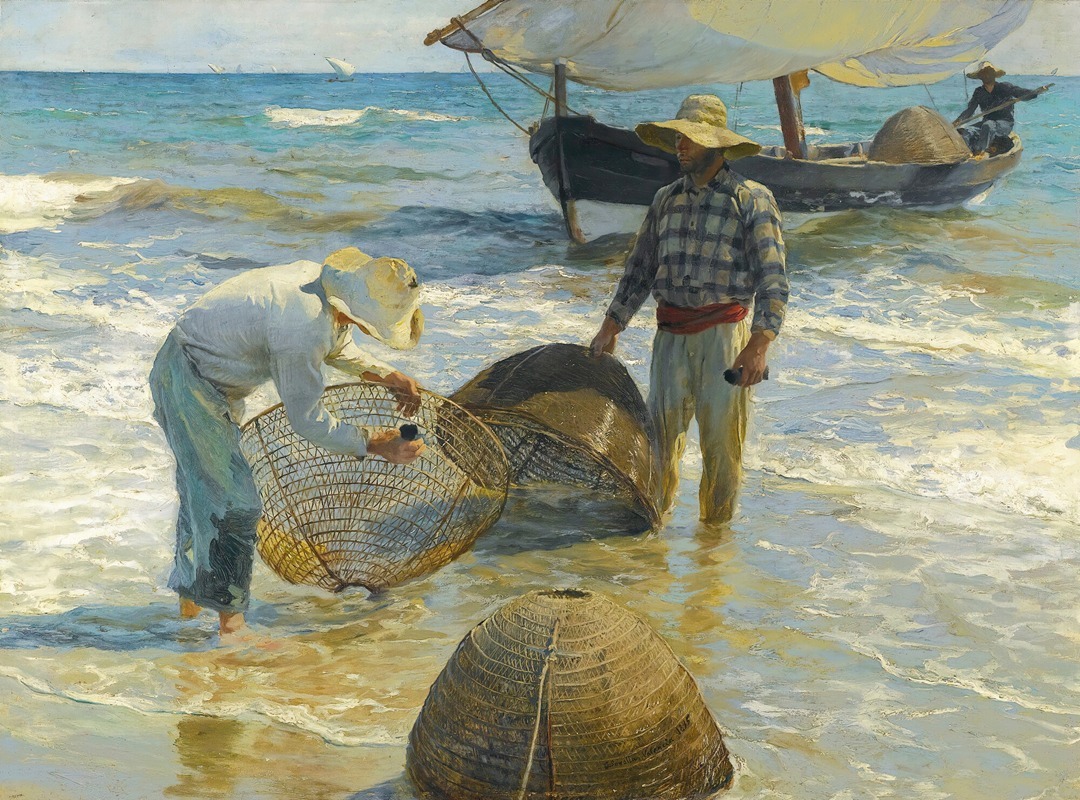 Joaquín Sorolla's painting 'Pescadores Valencianos' captures the vibrant life of fishermen in Valencia.