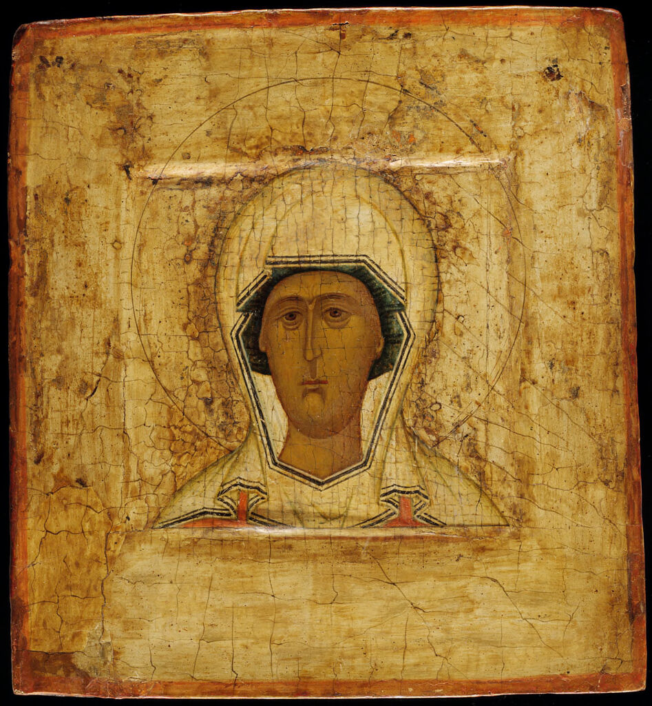 Religious tempera on panel by an unidentified artist depicting a sorrowful figure.