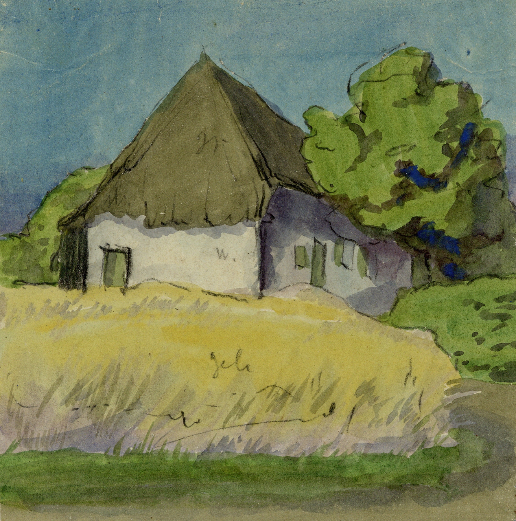 Huis met rieten dak in een veld, by Alfred Ost, public domain