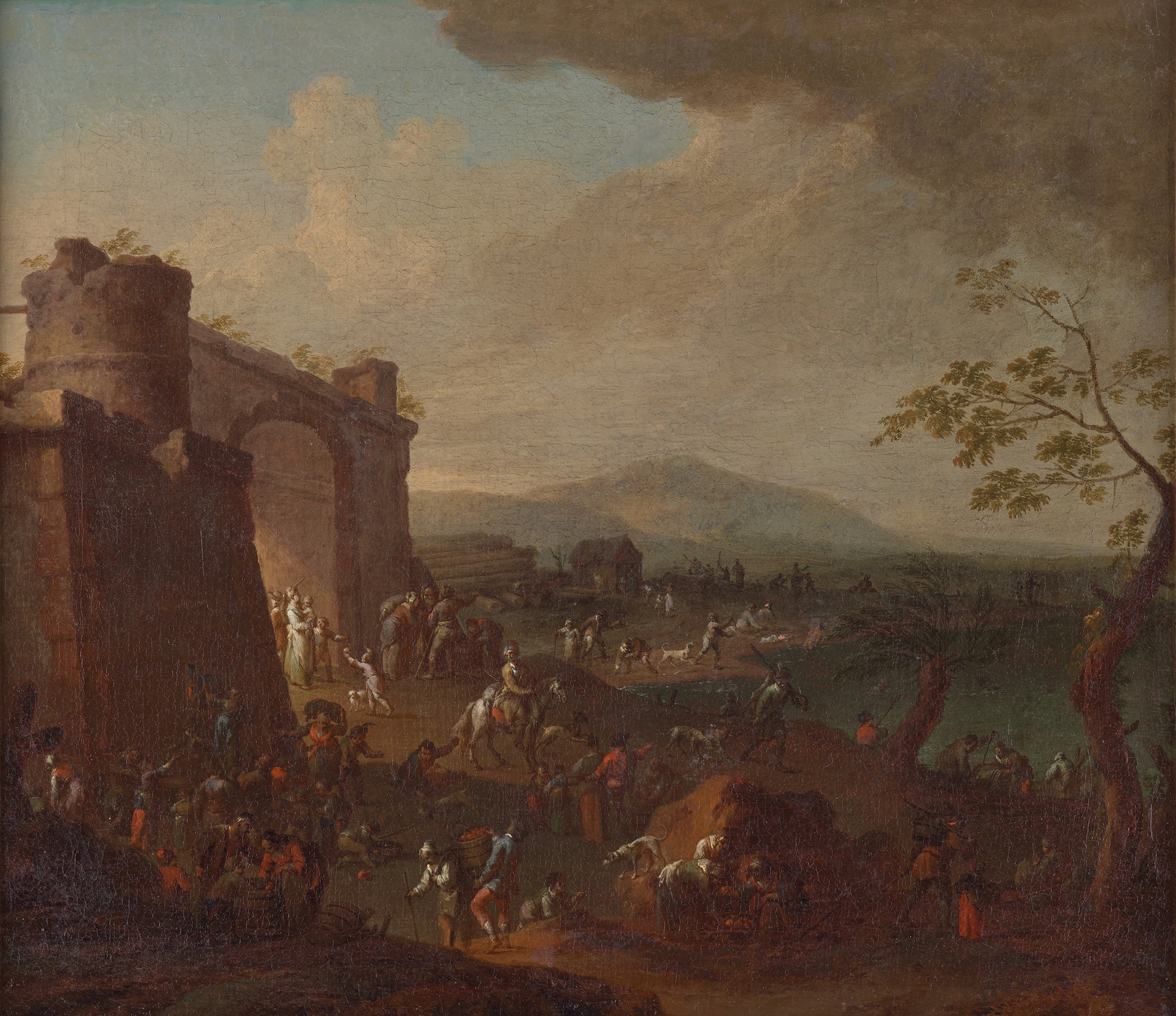 Genre scene of a market near a city gate, oil on canvas by Karl Josef Aigen
