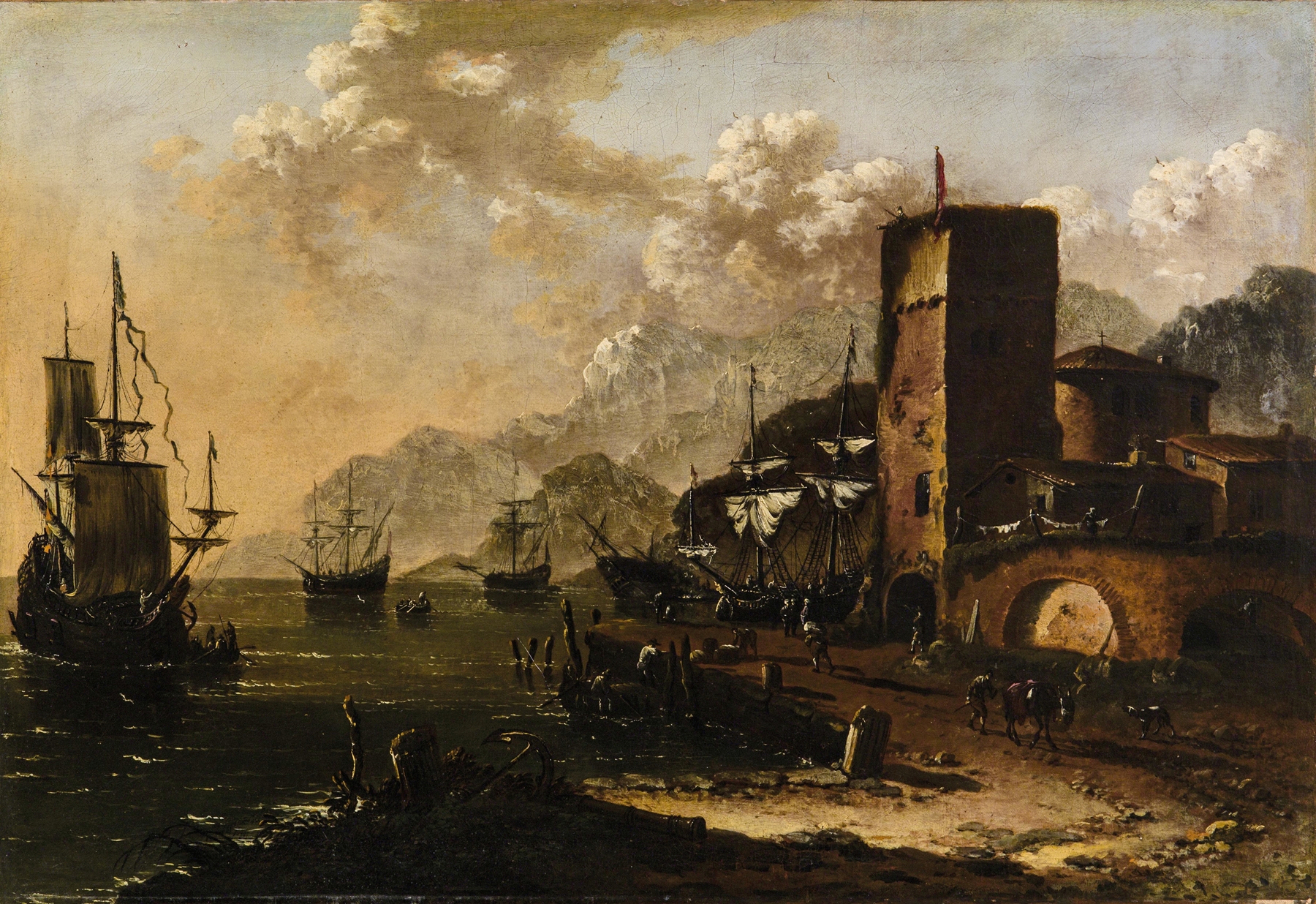 A Mediterranean harbour with ships, oil on canvas by Johann Anton Eismann