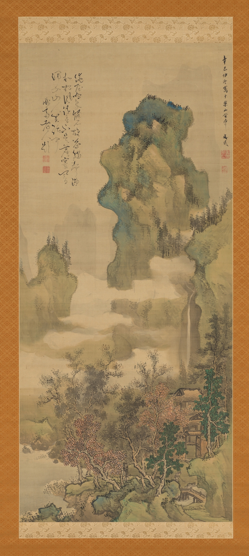 Ukiyo-e landscape by Tani Bunchō depicting an autumn valley with trees and warm hues.