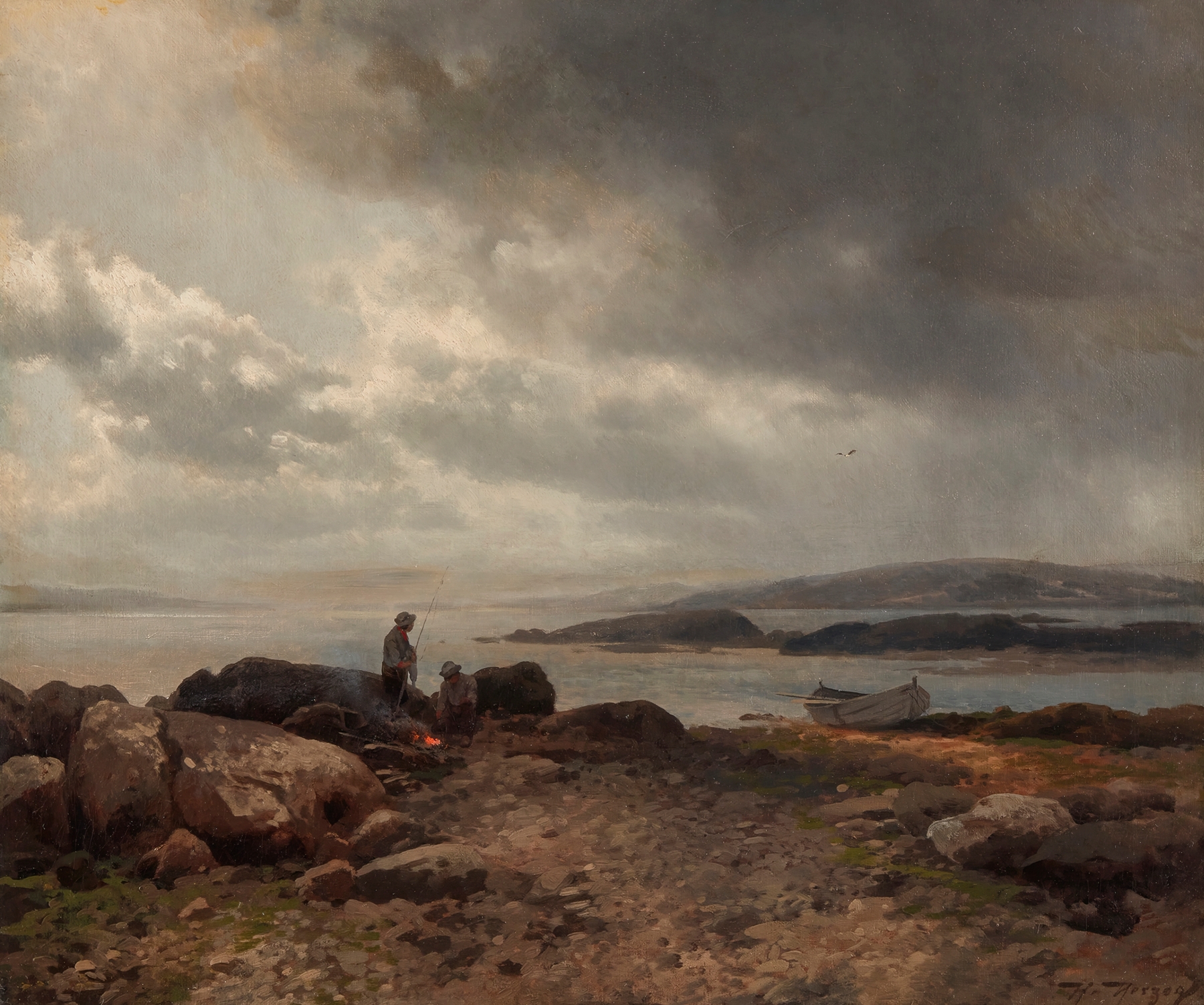 Coast of Maine by Hermann Ottomar Herzog, oil painting depicting a shoreline with ocean waves.
