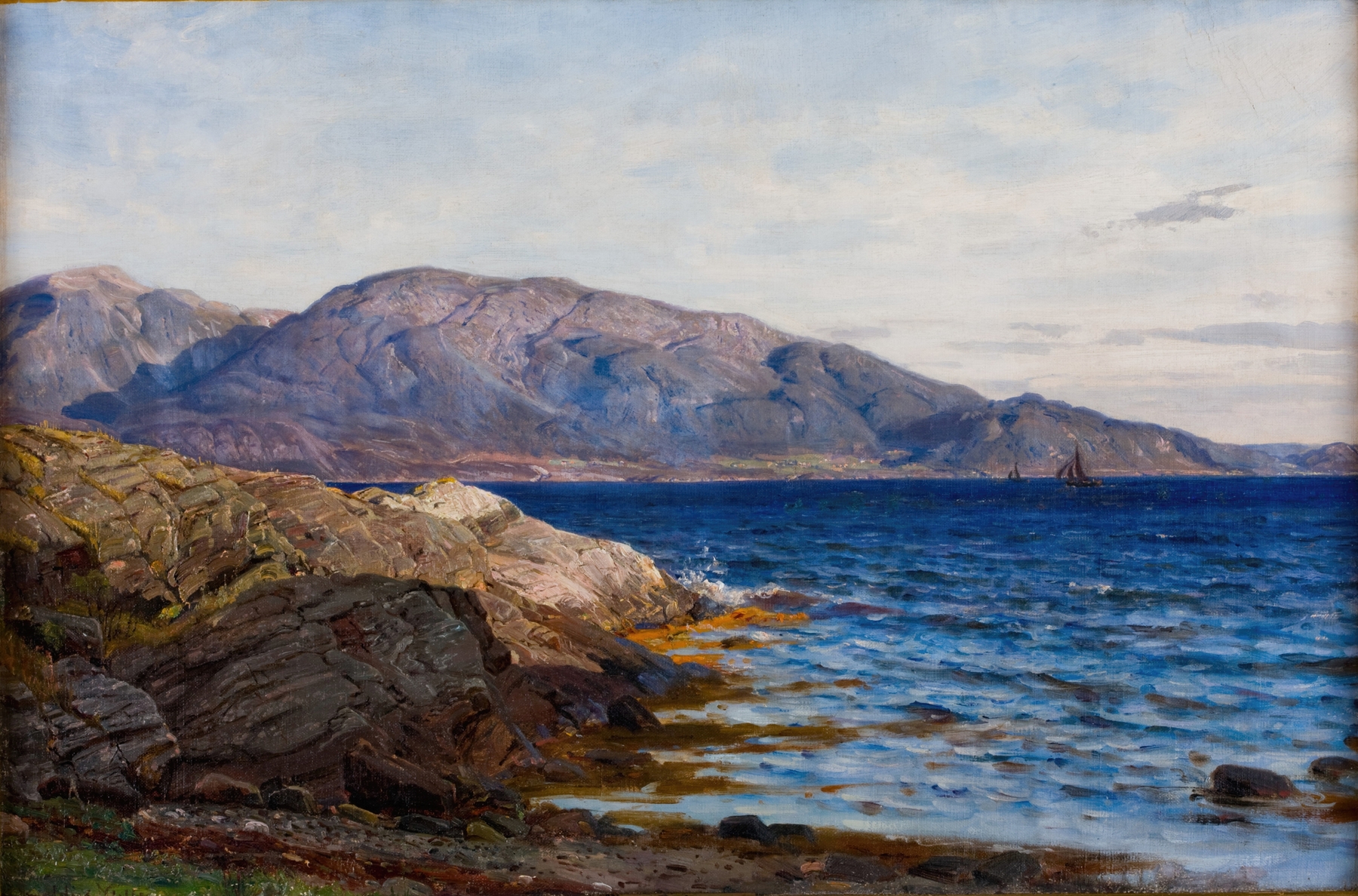 Bris, Terøen by Amaldus Nielsen, oil on canvas depicting a tranquil landscape at twilight.