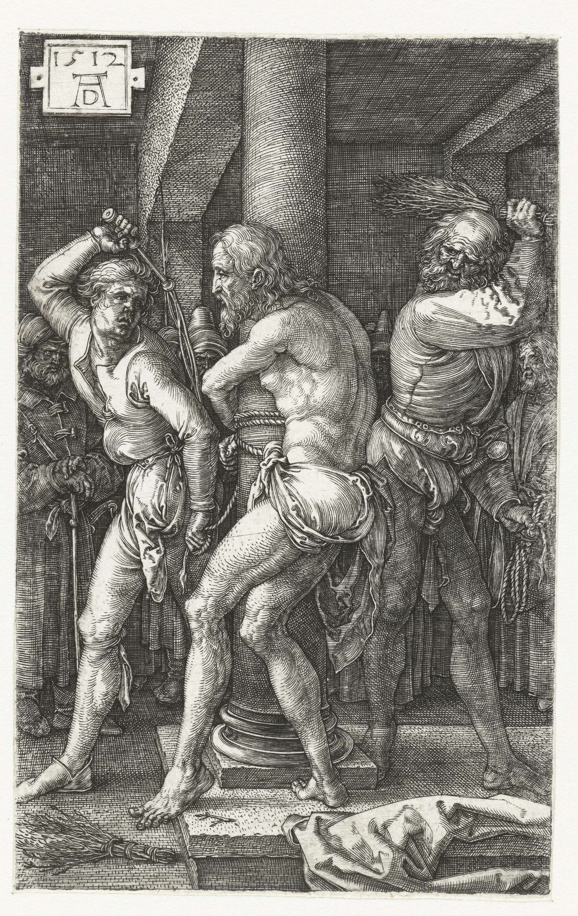 Engraving by Albrecht Dürer depicting Christ bound and suffering in shadow and light.
