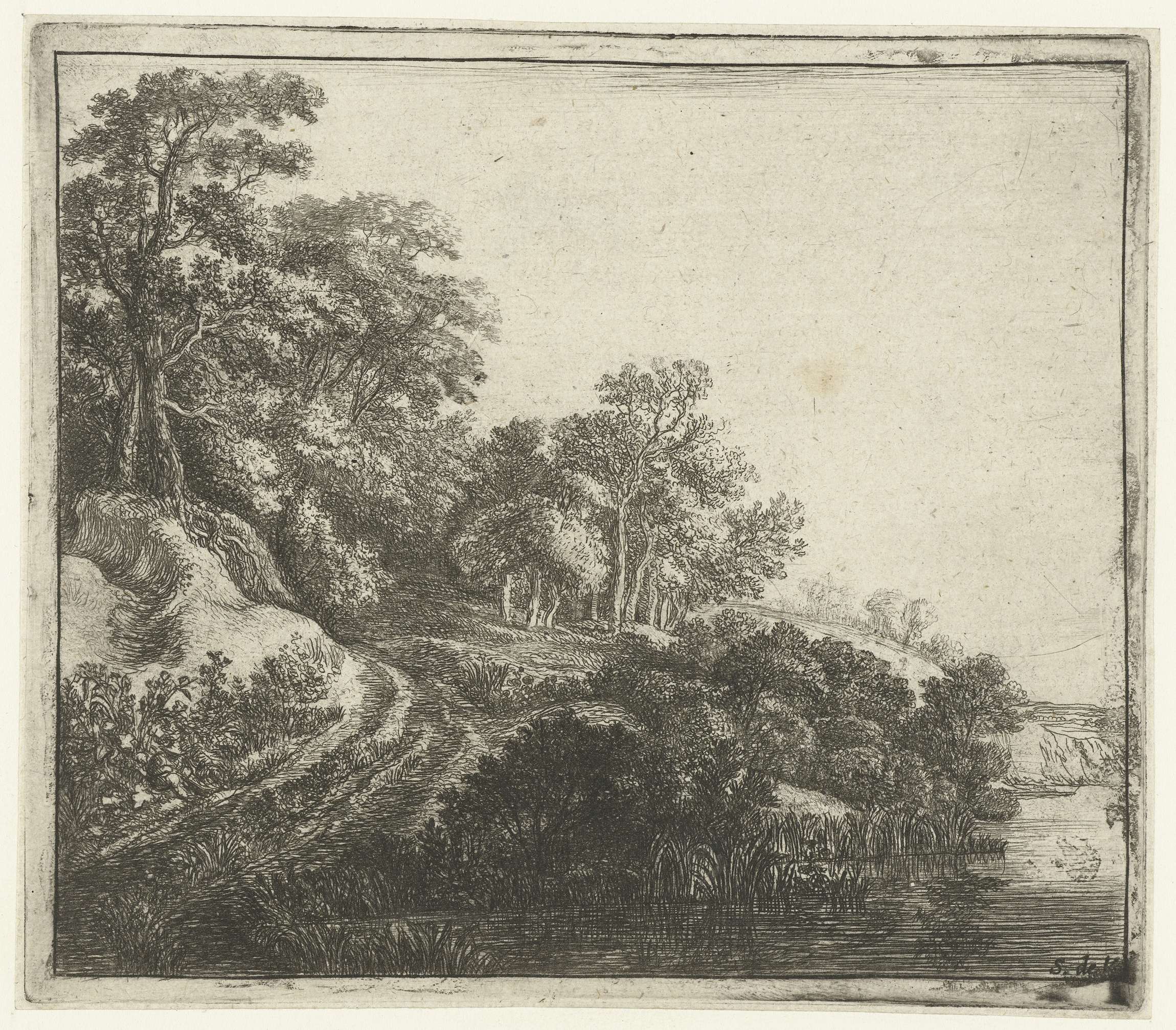 Heuvel met bebossing by Simon de Vlieger, drypoint of a tranquil hill and forest.