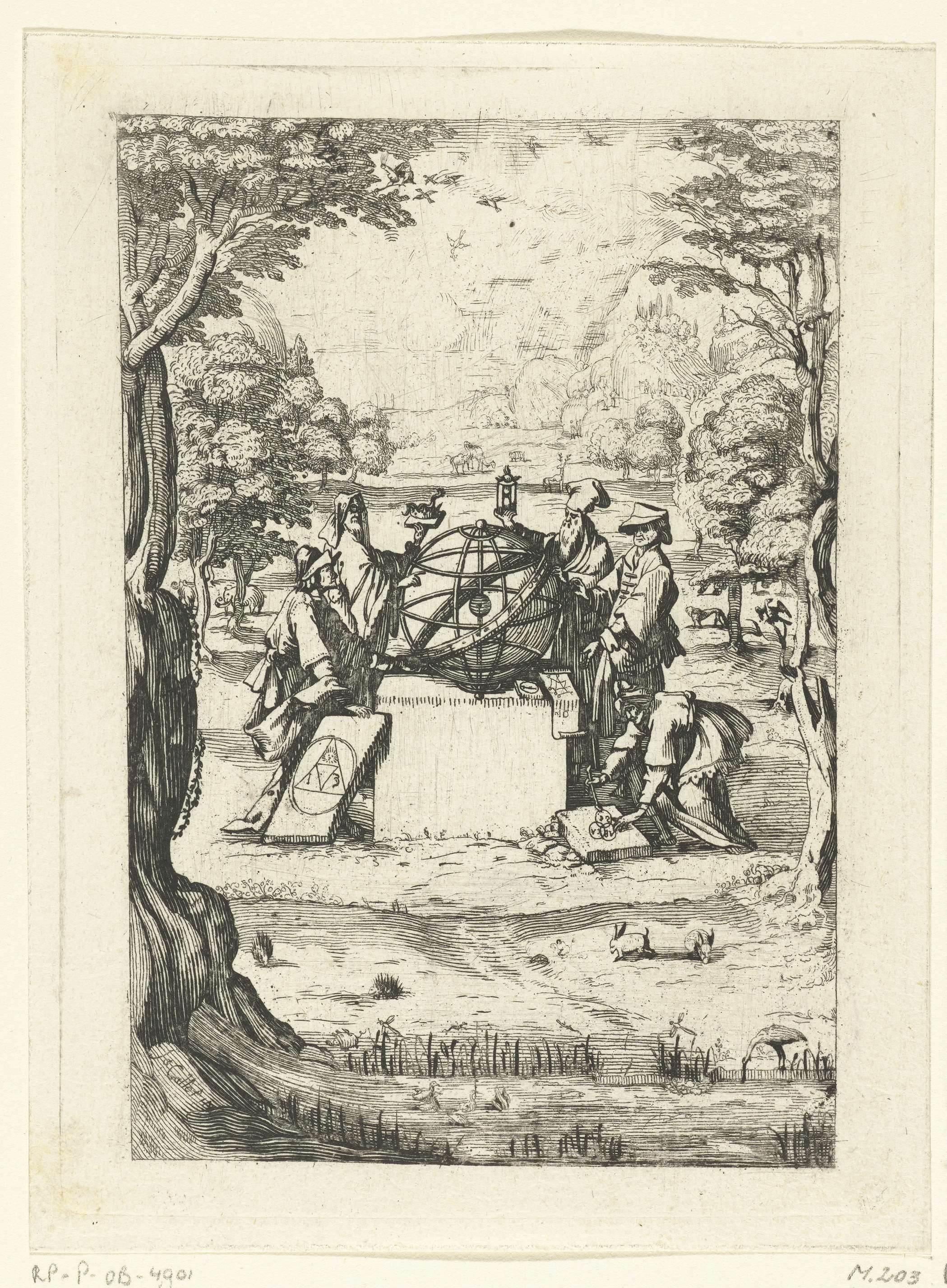 Etching by Unknown Artist depicting a figure gesturing towards a celestial globe.