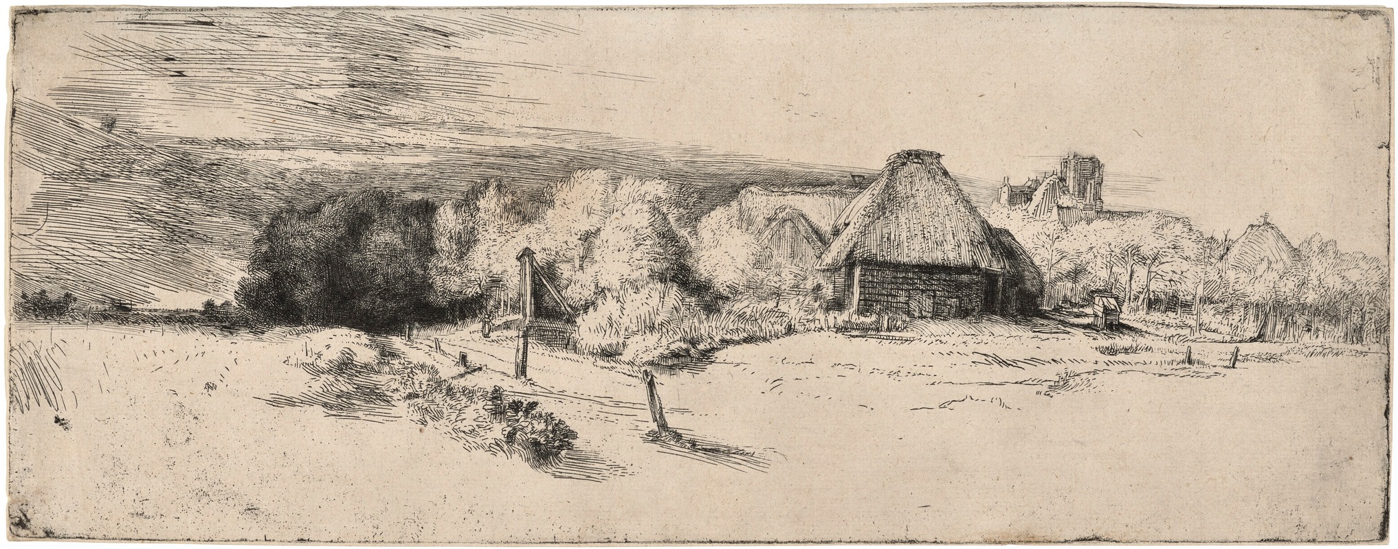 A landscape painting featuring a farm building and a towered house.
