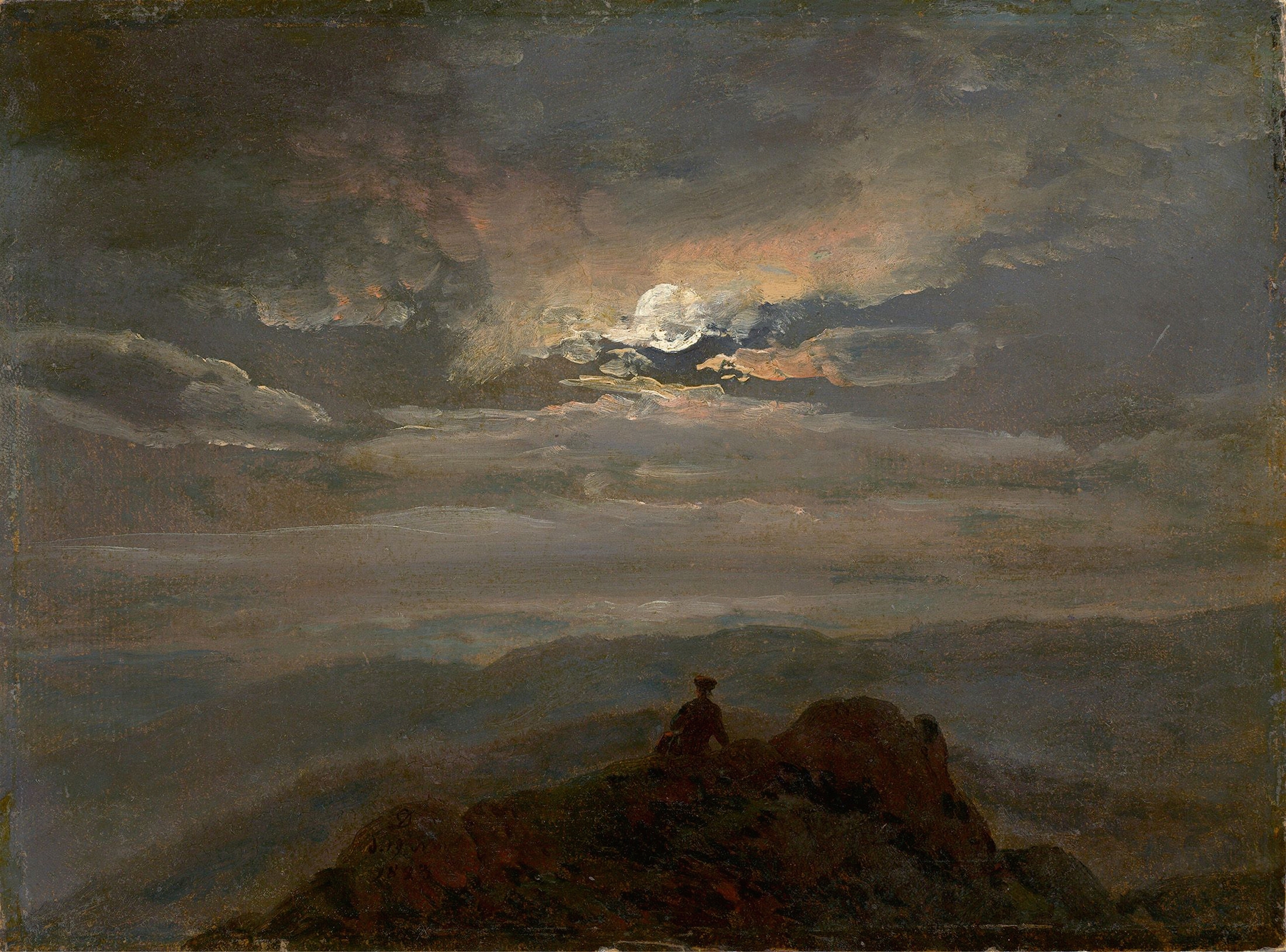 Moonlit landscape (Wanderer on a Mountain Top), by Johan Christian Dahl, public domain