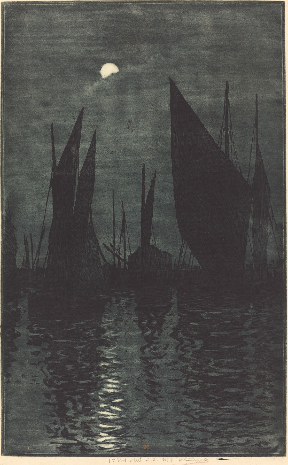 Moonlight in the Harbor at Dieppe, oil painting by Henri-Charles Guérard