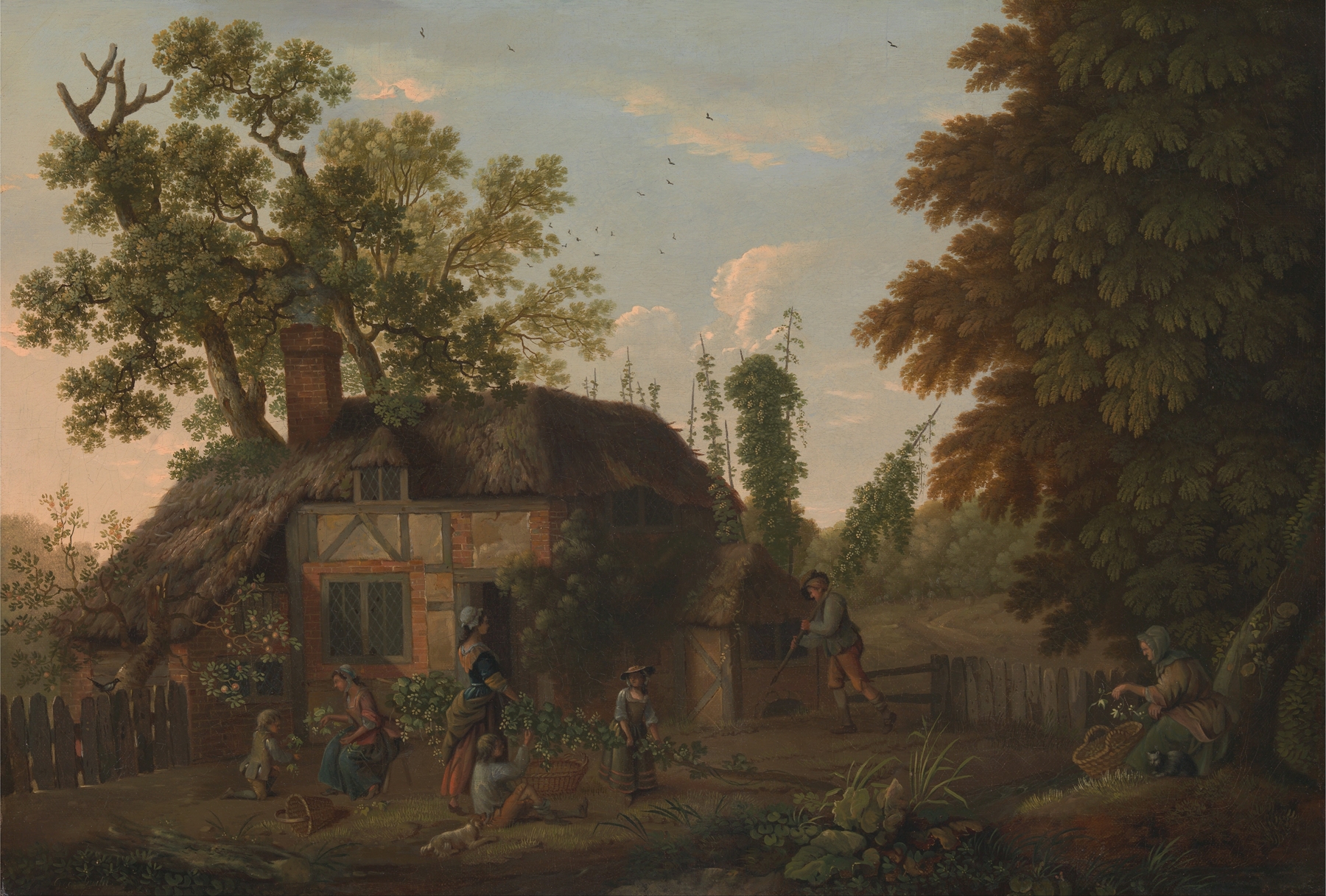 Hop Pickers Outside a Cottage, oil on canvas by George Smith