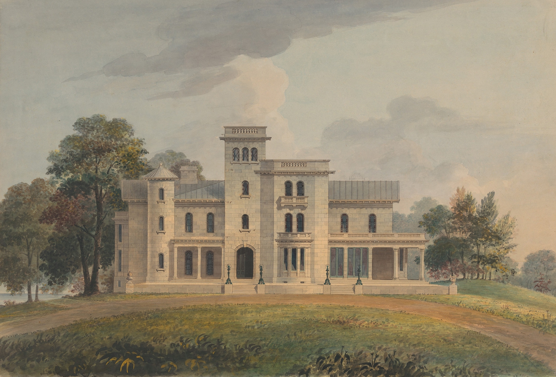 Grace Hill for Edwin C. Litchfield, Brooklyn, New York (front elevation), by Alexander Jackson Davis, public domain