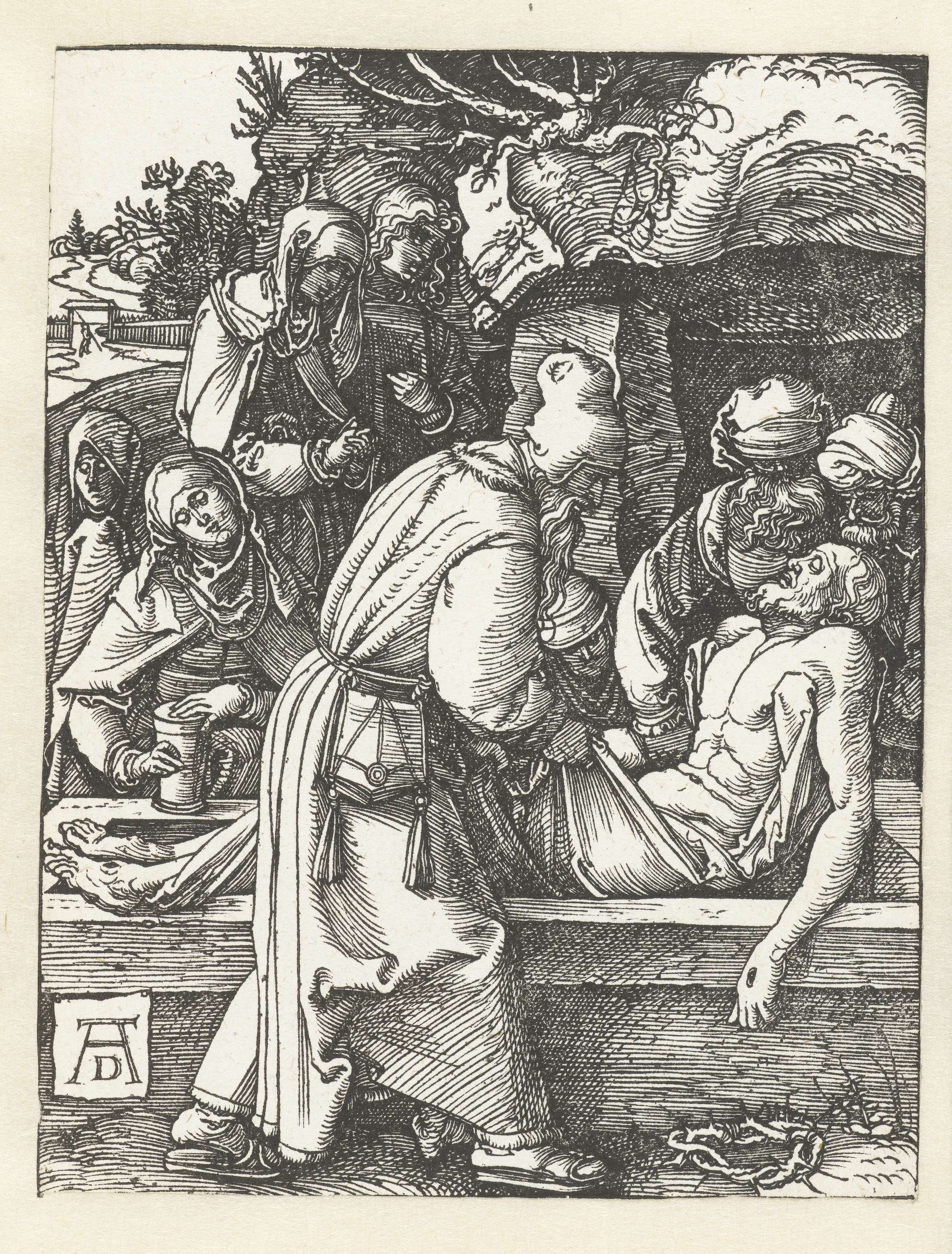 Graflegging by Albrecht Dürer, etching on paper showing a figure writing in warm light