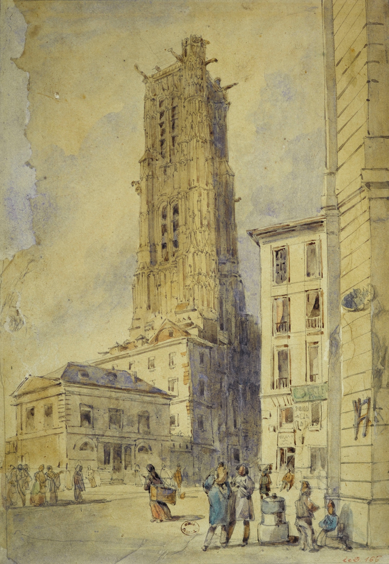 La Tour Saint-Jacques avant son dégagement, oil painting by Thomas Shotter Boys depicting a historical tower.