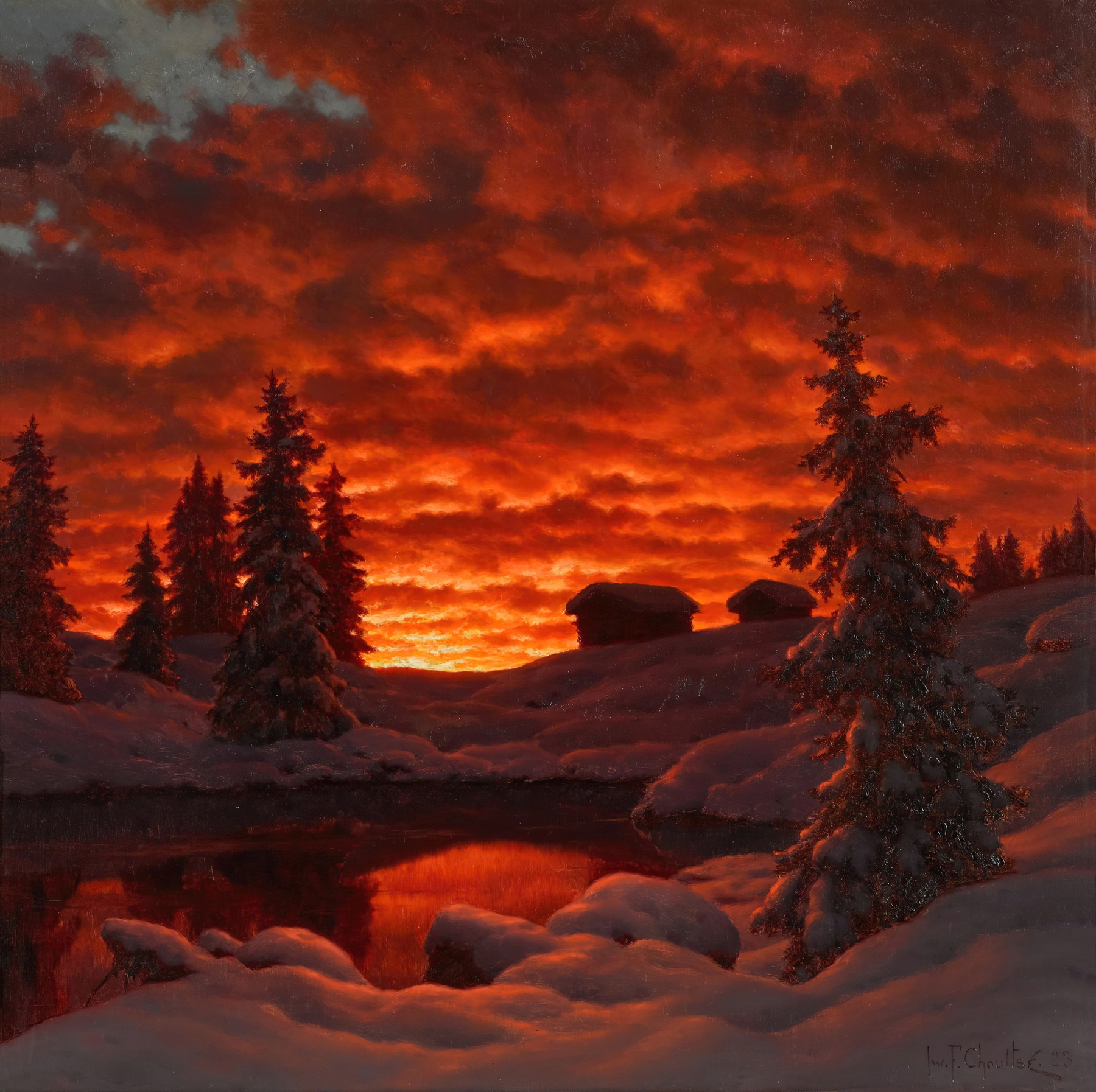 Snowy landscape at sunset, oil painting by Ivan Fedorovich Choultse