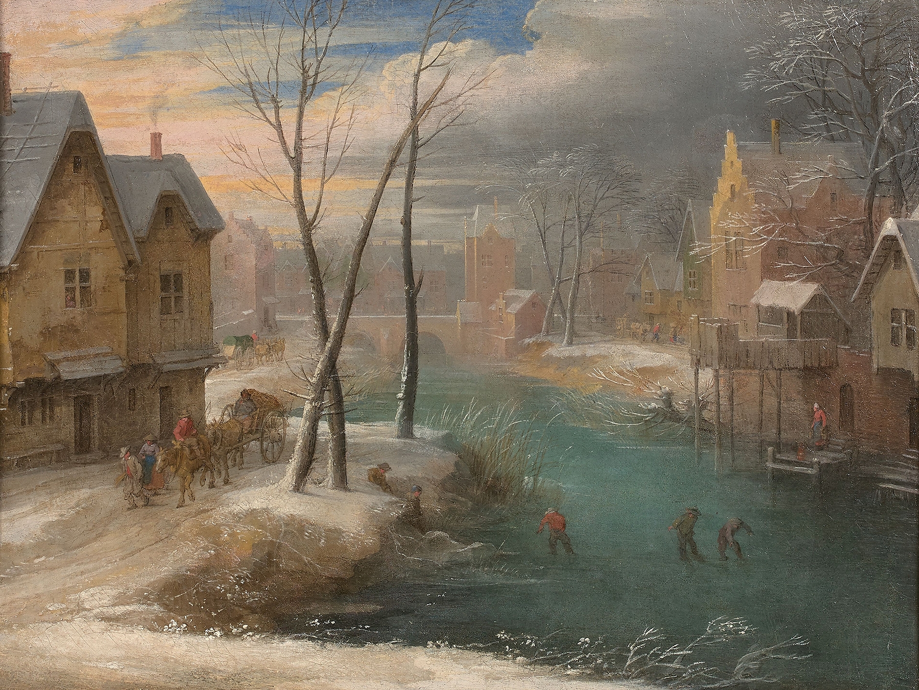 Winter genre scene with children playing in snow, oil painting by Jacques Fouquier