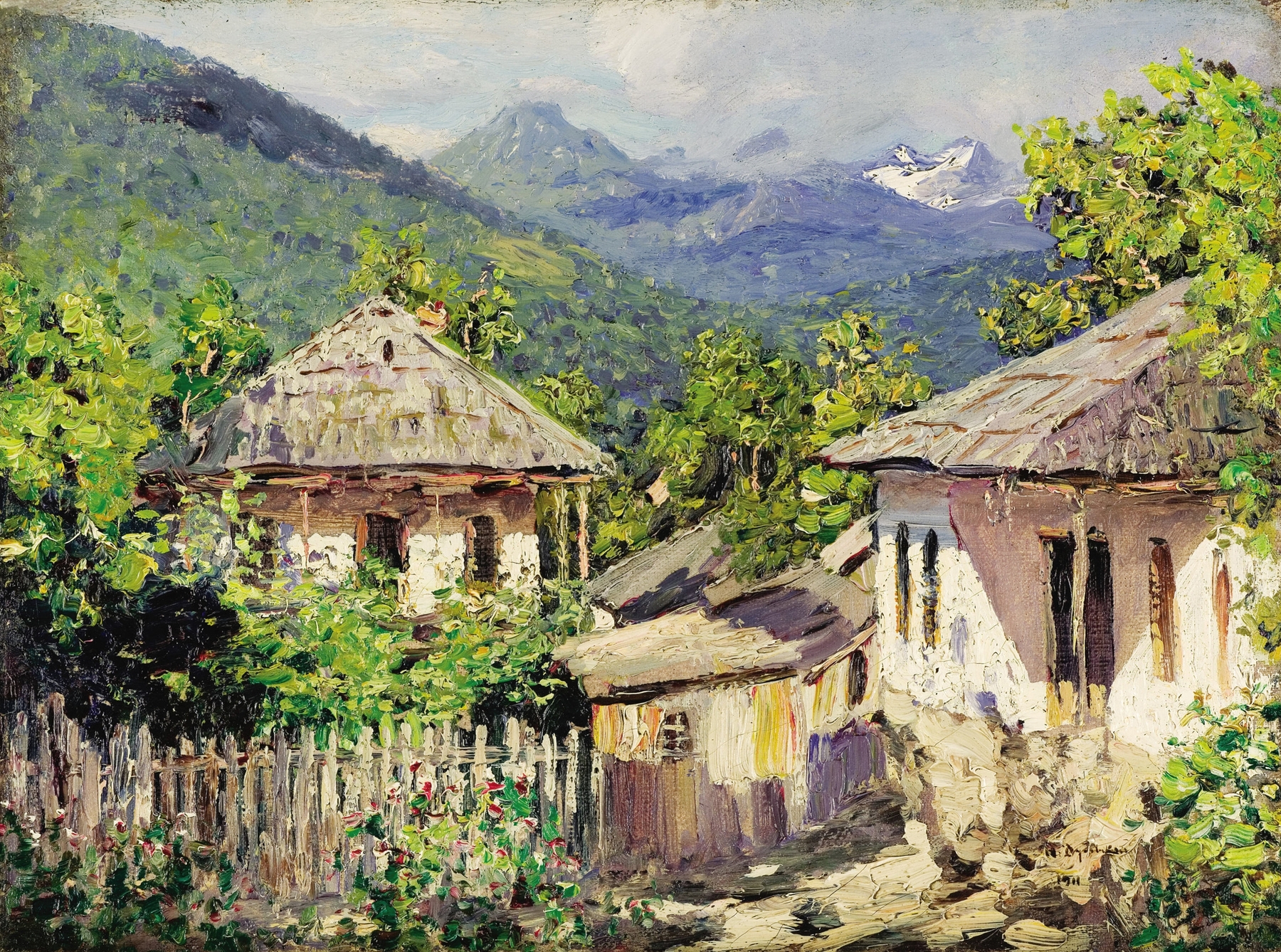 Village Scene by Nikolay Nikanorovich Dubovskoy, oil on canvas depicting a tranquil village landscape