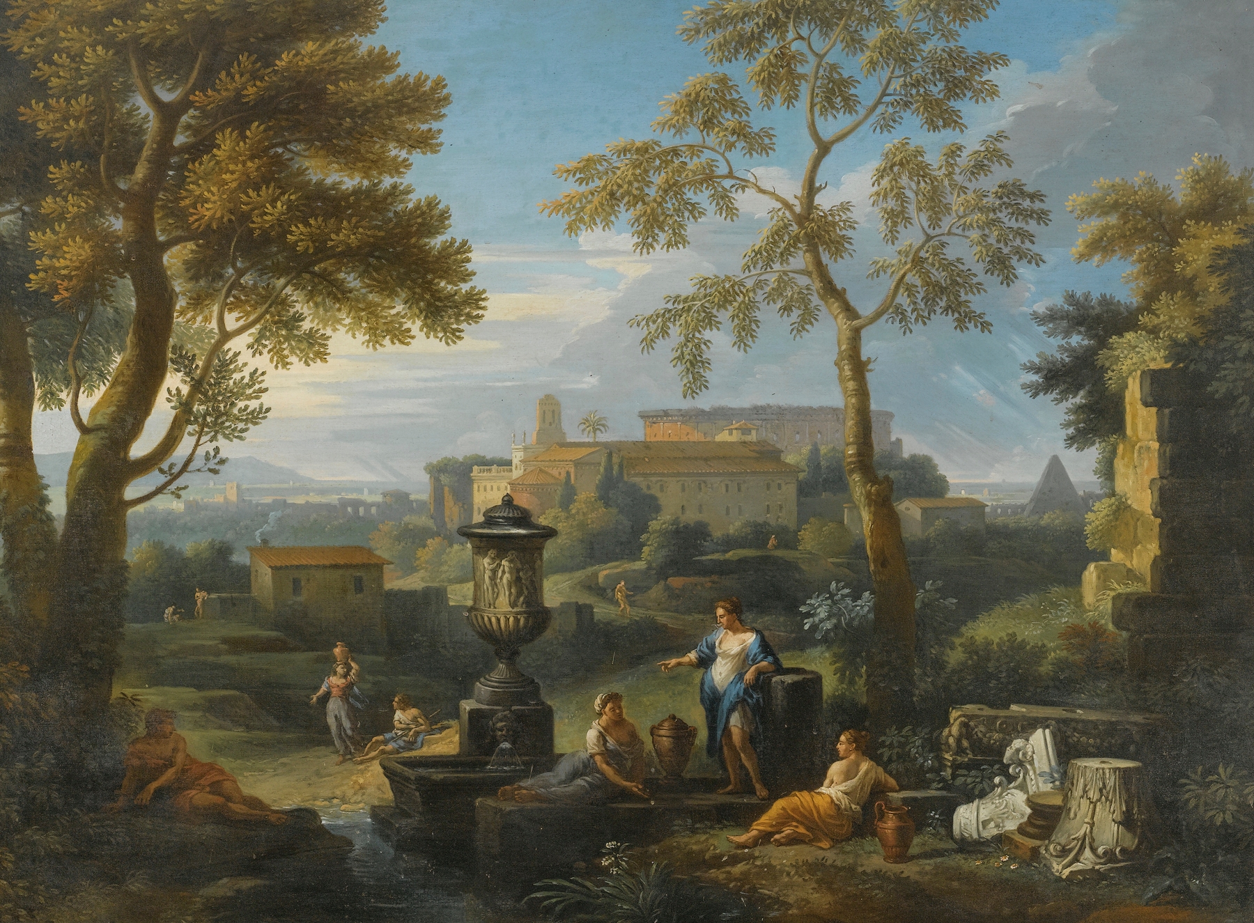 Classical Figures Seated By Ruins In An Italianate Landscape, by Jan Frans Van Bloemen, public domain