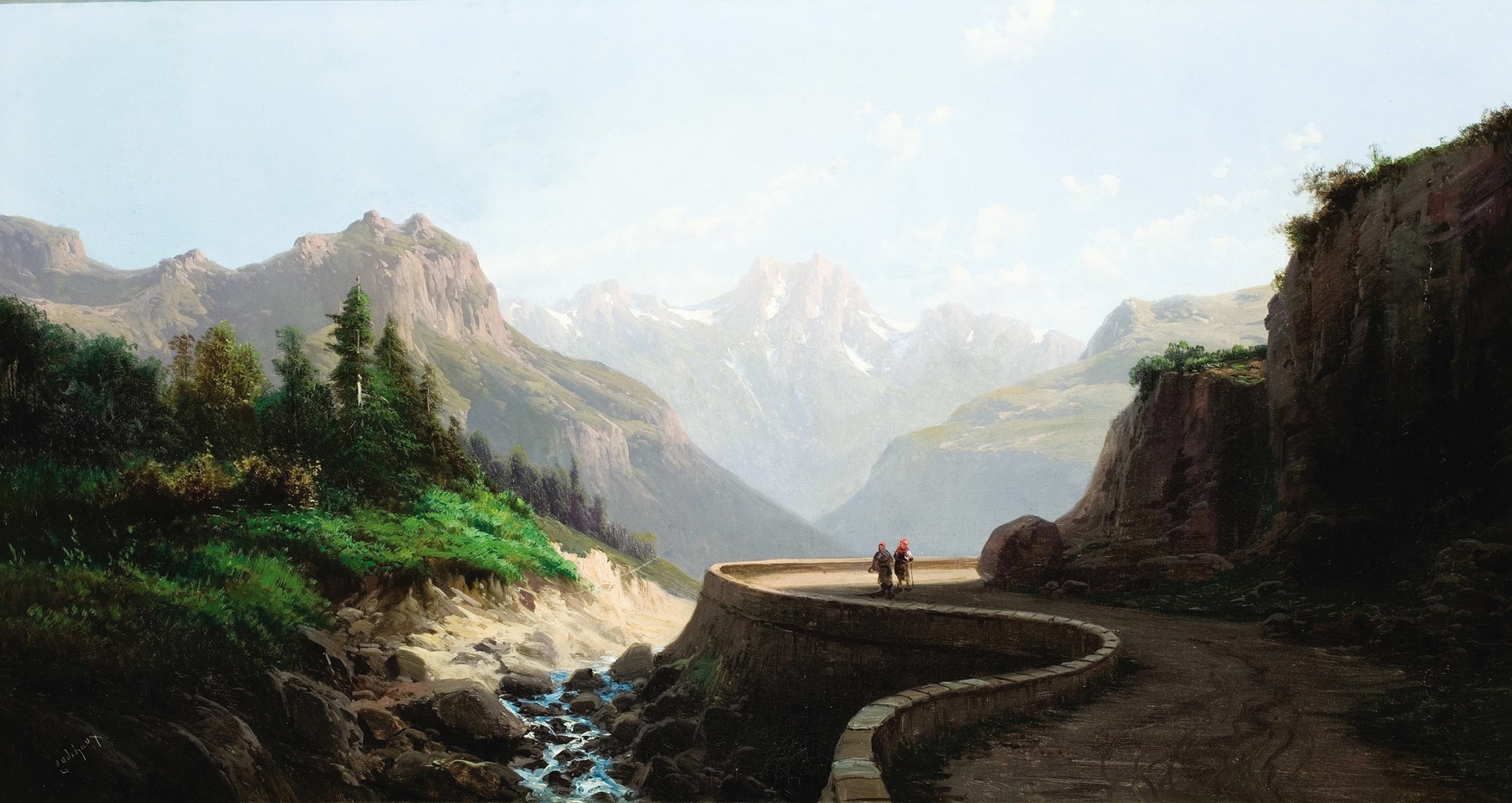 Mountain Passage by Alfred Godchaux, oil on canvas depicting mountains against a cerulean sky