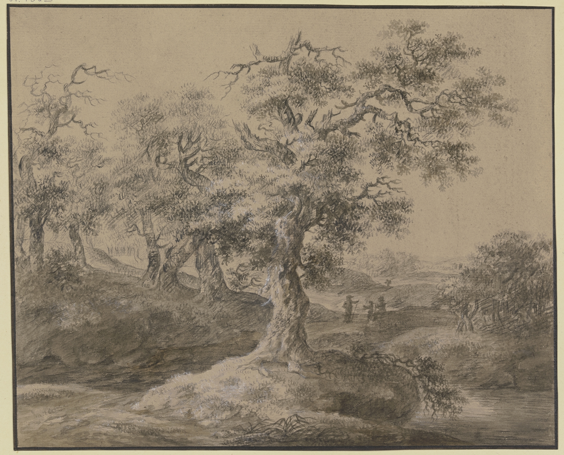 Eichenwald, am Weg eine rastende Familie by Johann Heinrich Wüest, oil on canvas showing a family resting in a forest.