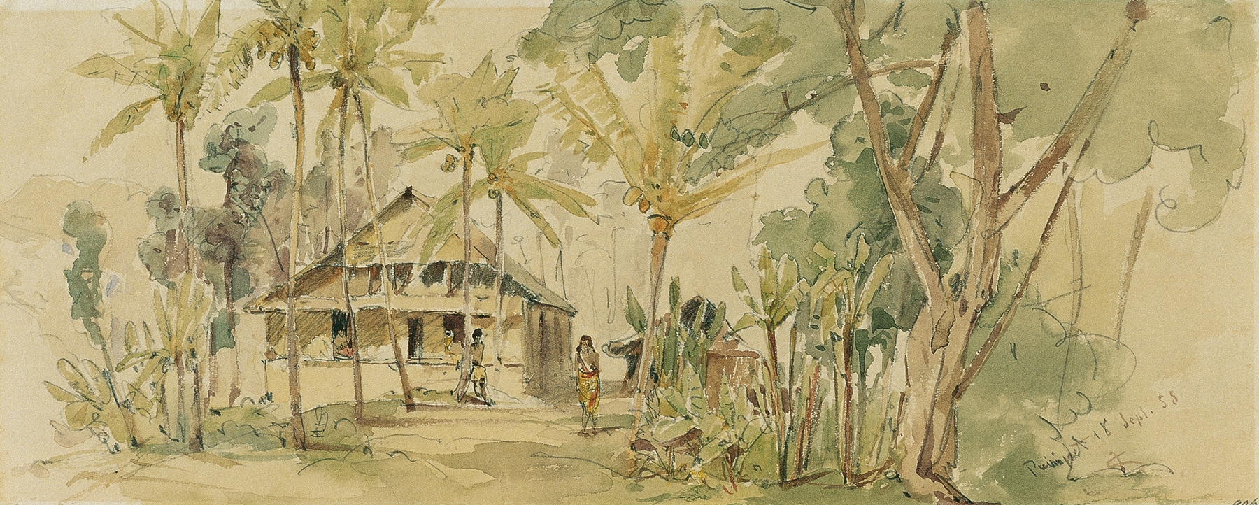 Watercolour by Joseph Selleny depicting the Roankiddi chief's house in a lush landscape.