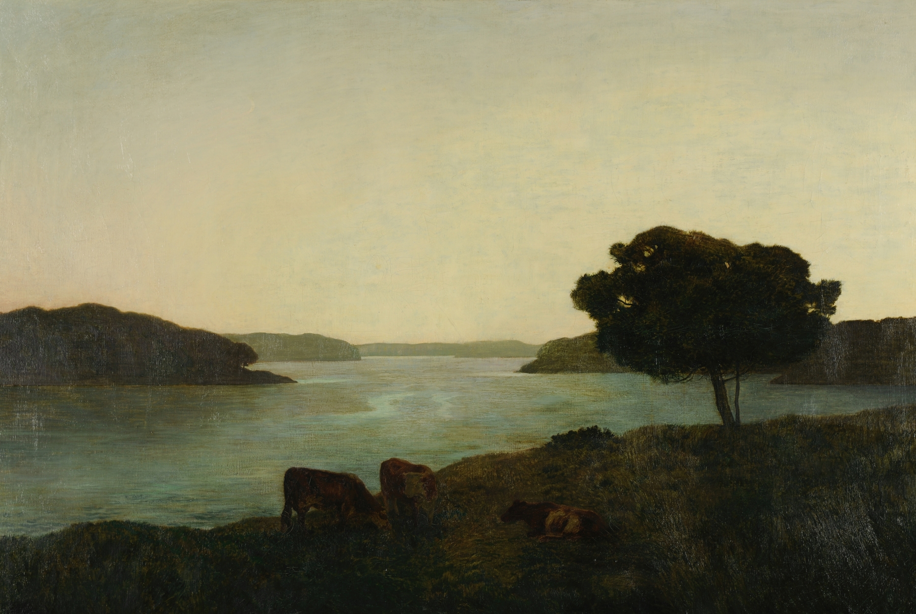 L’Estuaire by Émile-René Ménard, oil on canvas, depicting a serene river landscape at dusk.
