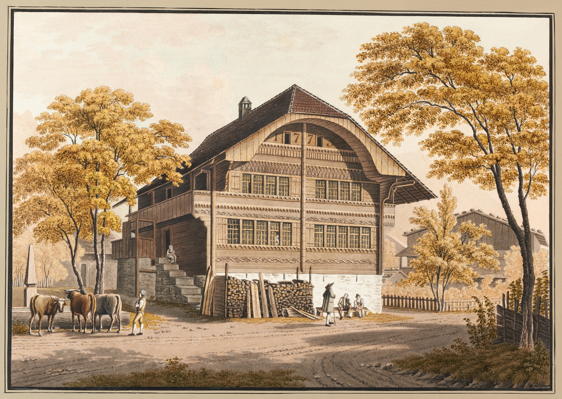 Bauernhaus bei Interlaken by Jacques Henri Juillerat, oil on canvas depicting a farmhouse and mountains