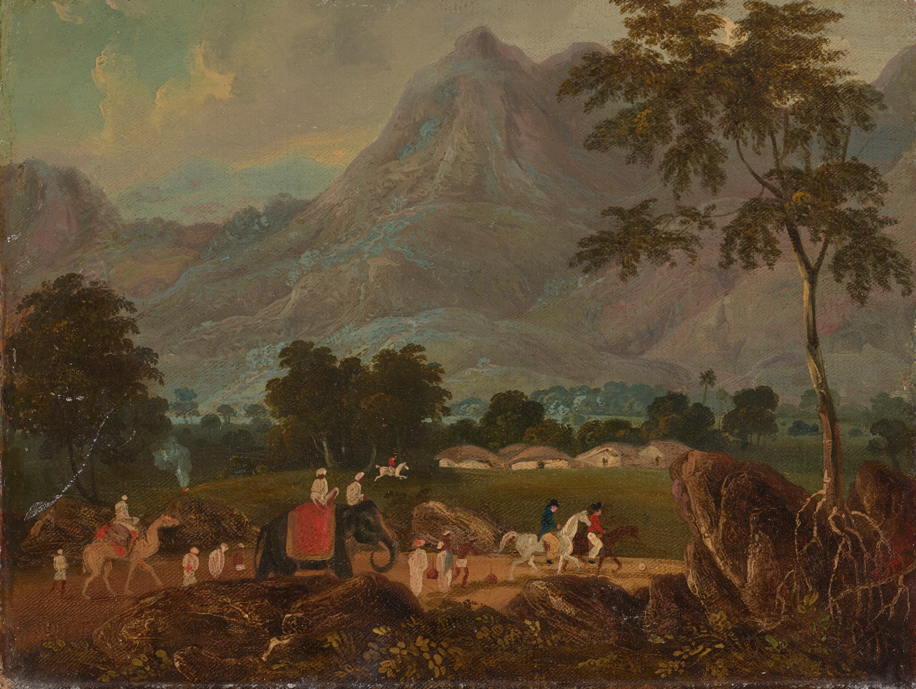 Landscape with an elephant and a camel on a road, oil painting by Sir Charles D'Oyly