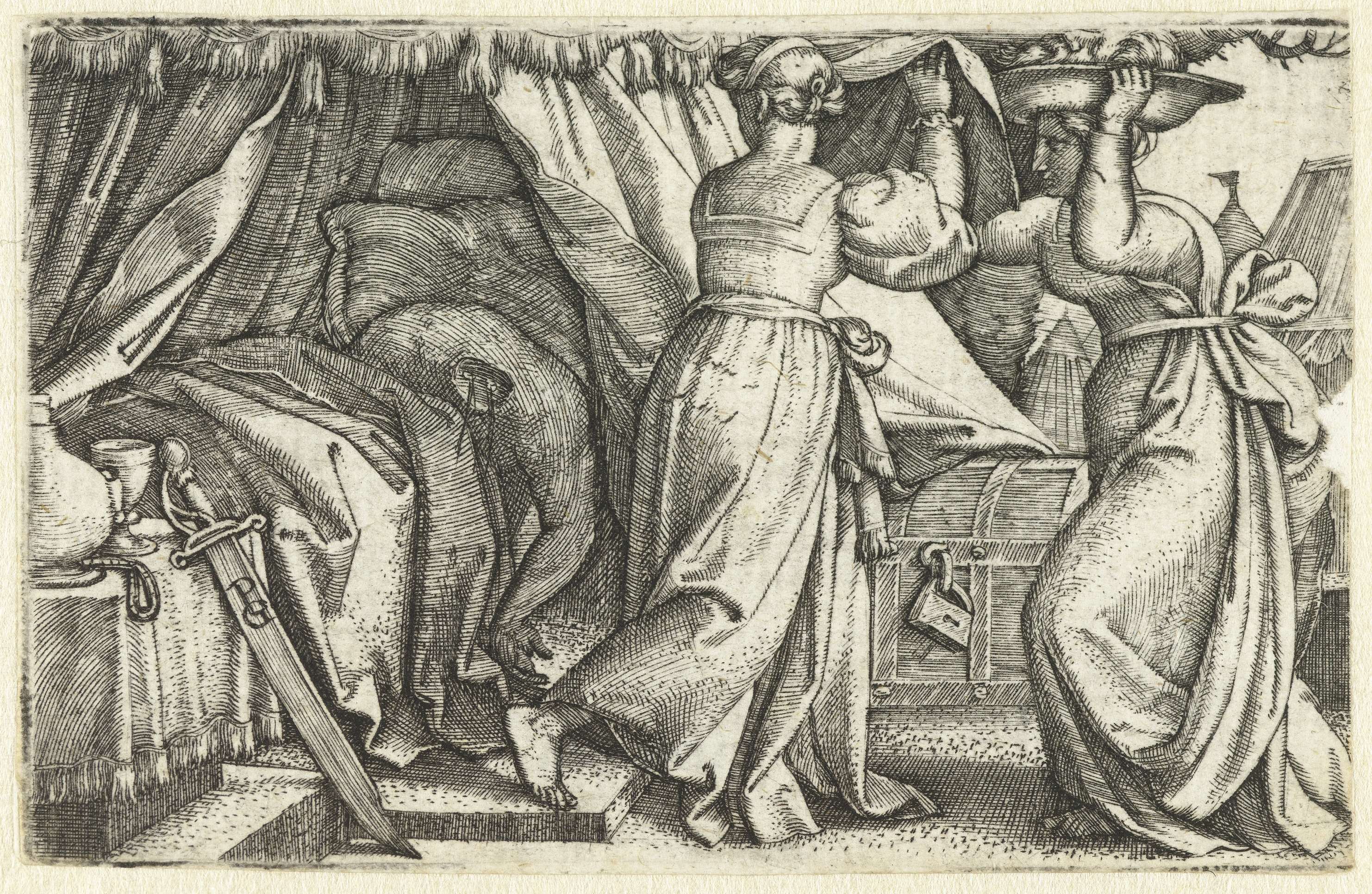 Judith en haar diensmaagd met onthoofde Holofernes, by Georg Pencz, public domain