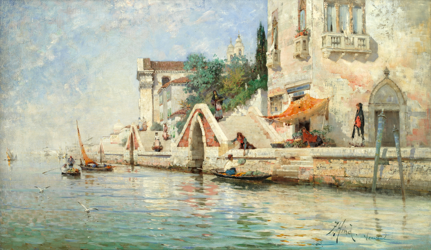 Oil painting of Venice by Frank Hind, featuring swirling blues and greens in the canals.