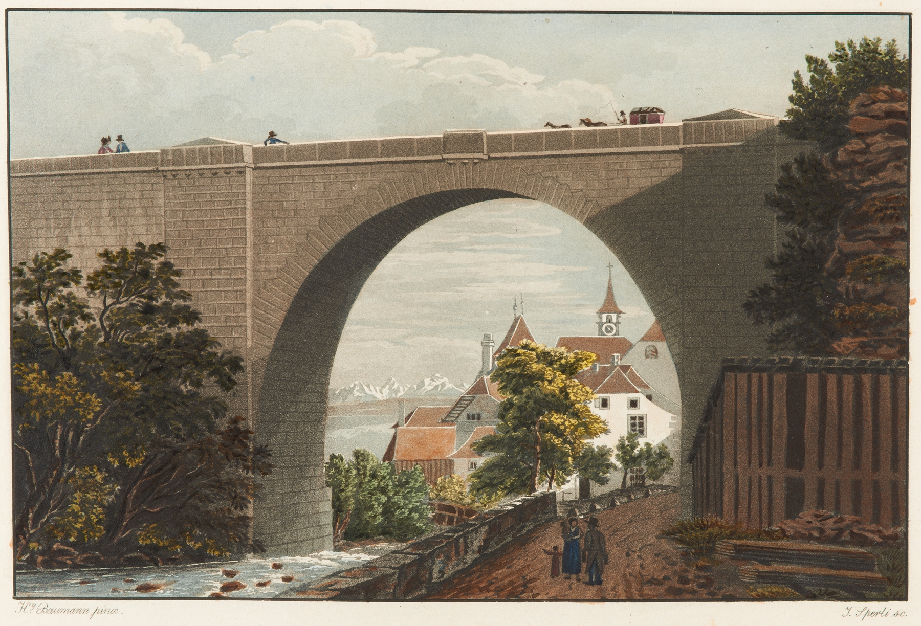 Landscape with a bridge and trees, oil painting by Jean Henri Baumann