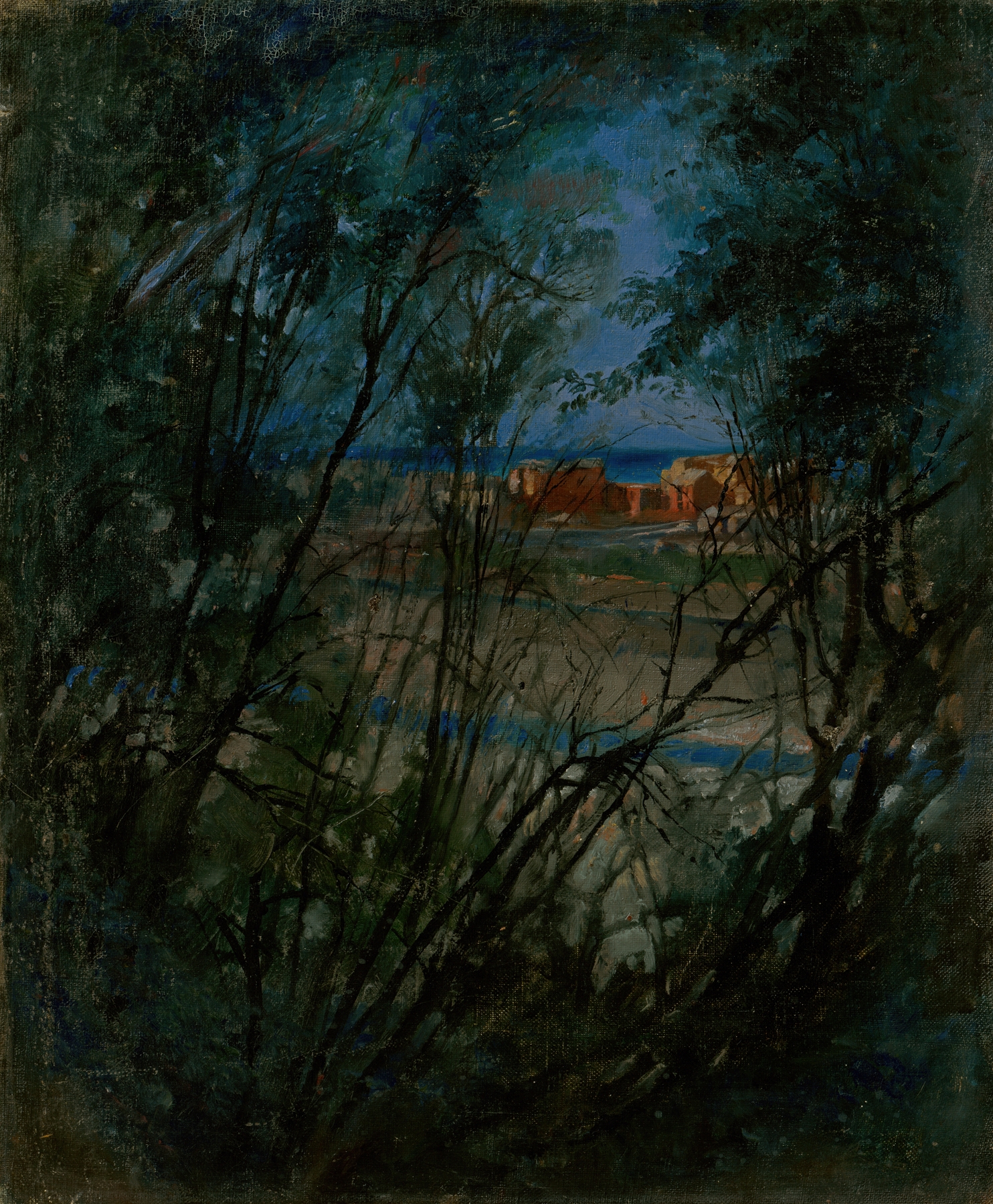 Blue Landscape by Ladislav Mednyánszky, oil painting depicting deep blues and muted greens in a serene landscape.