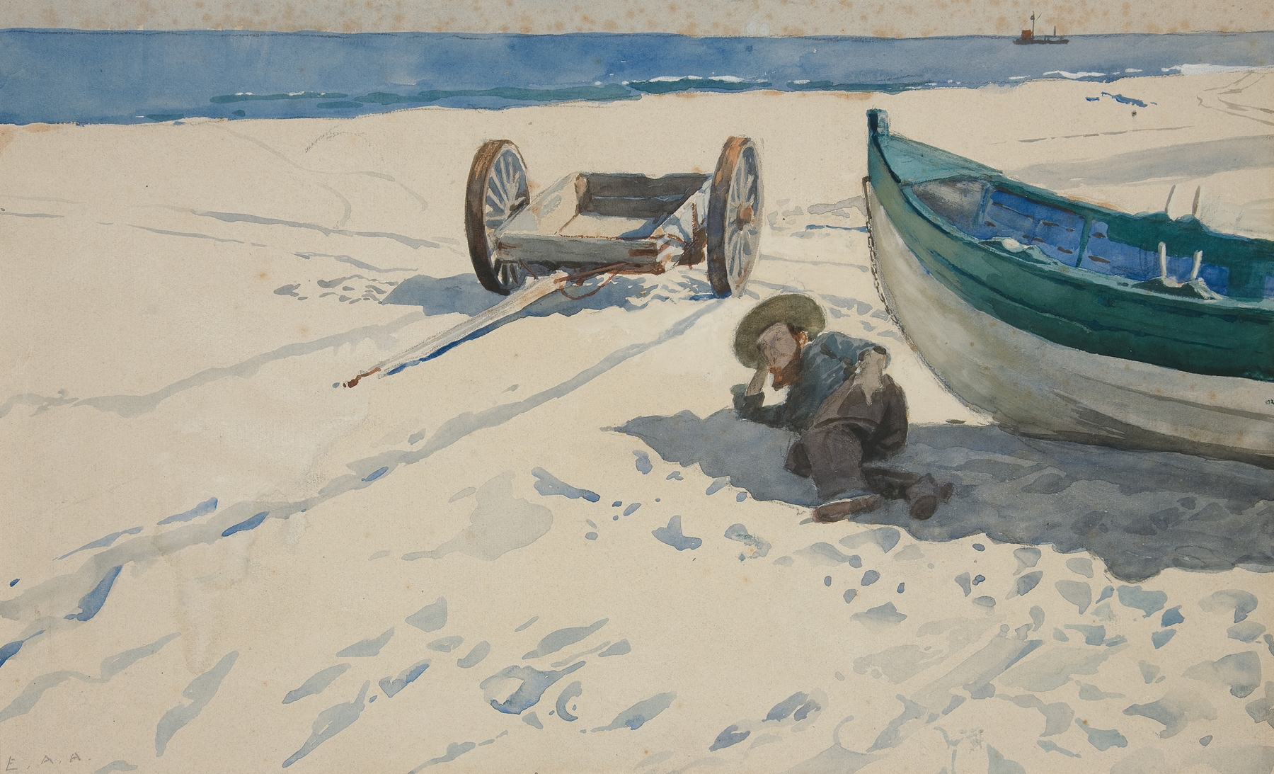 Beach scene with man resting under boat's shadow, oil painting by Edwin Austin Abbey.