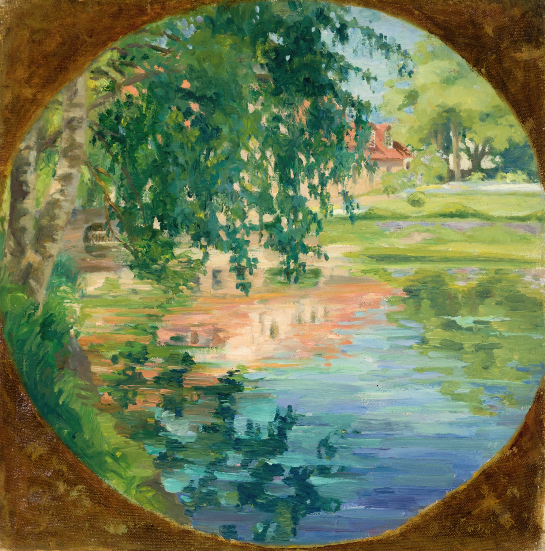Jõemaastik by Lilly Walther, oil on canvas depicting a serene landscape with trees and a river