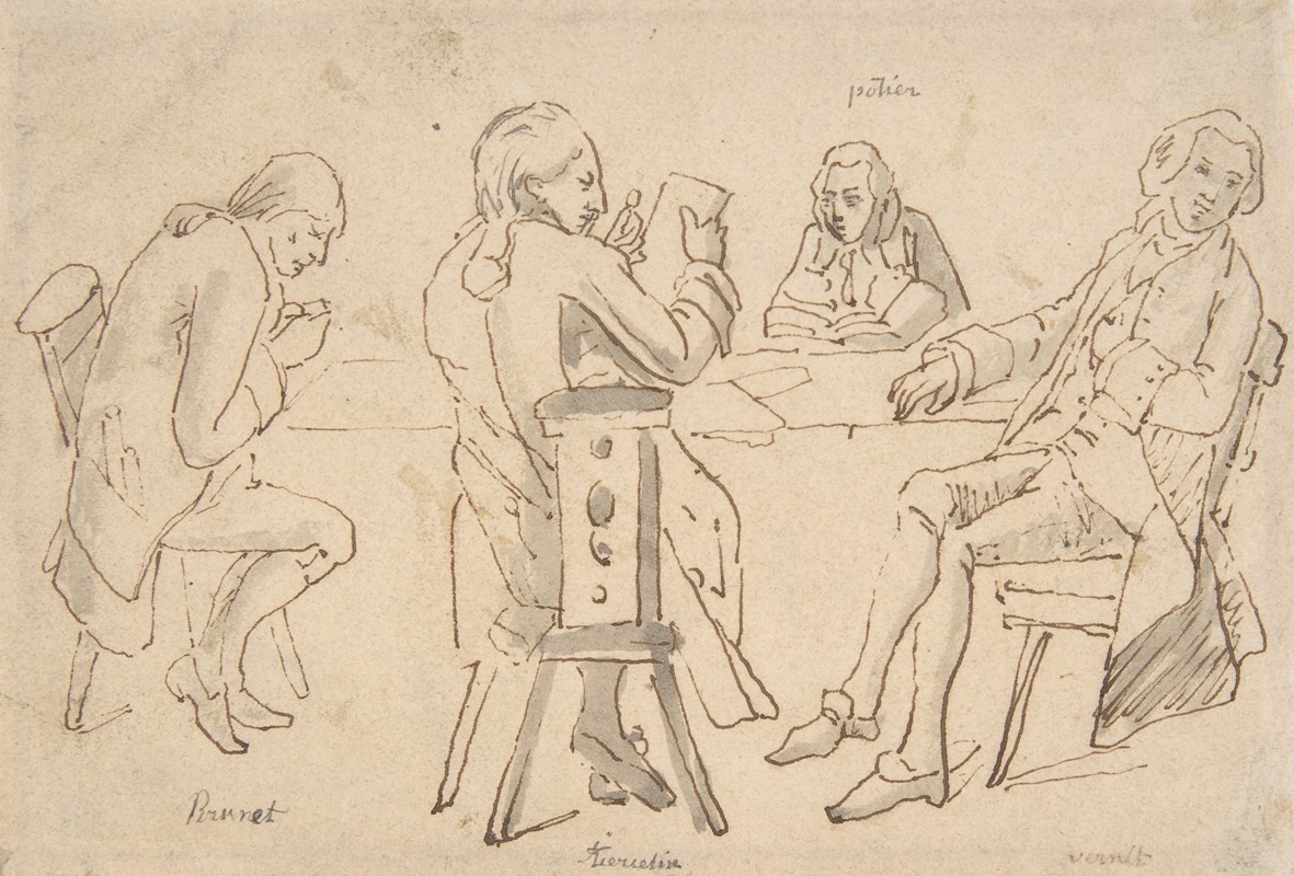 A depiction of four artists seated at a table, engaging in conversation.
