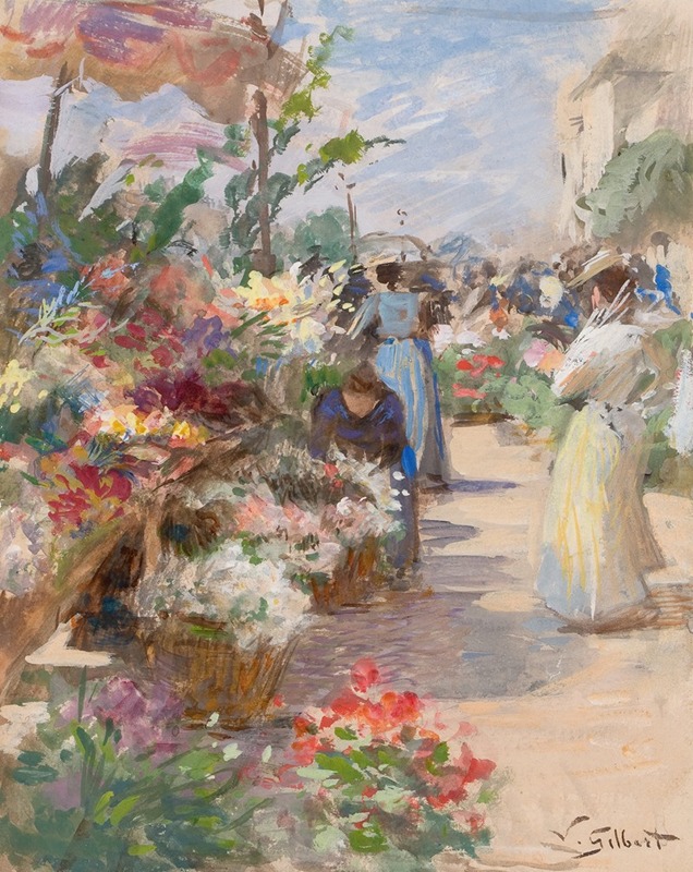 A vibrant depiction of a flower market filled with colorful blooms.