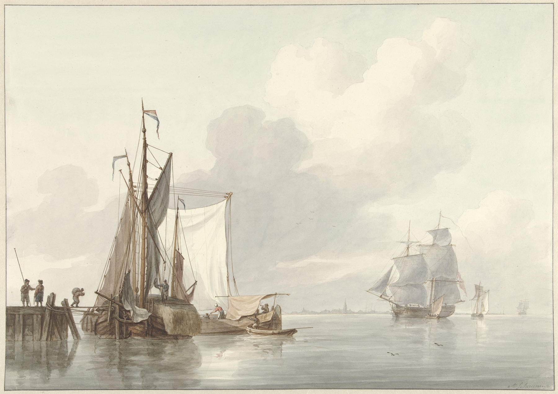 Marine scene with anchored boats and sunset by Martinus Schouman, oil painting