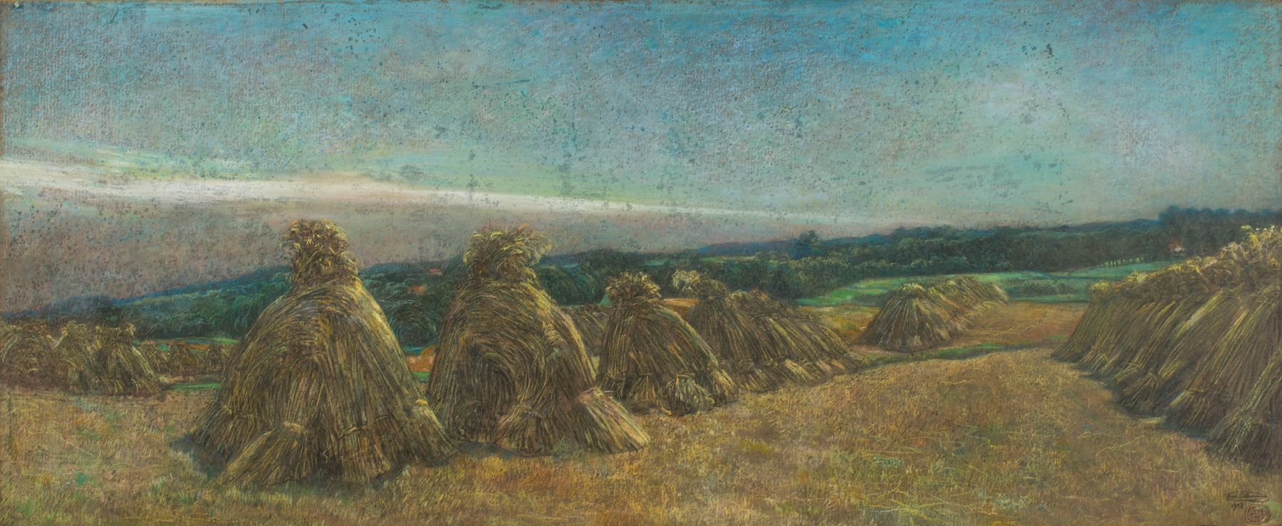 Landscape with Sheaves by Alfred Delaunois, oil painting depicting wheat fields under a cloudy sky.