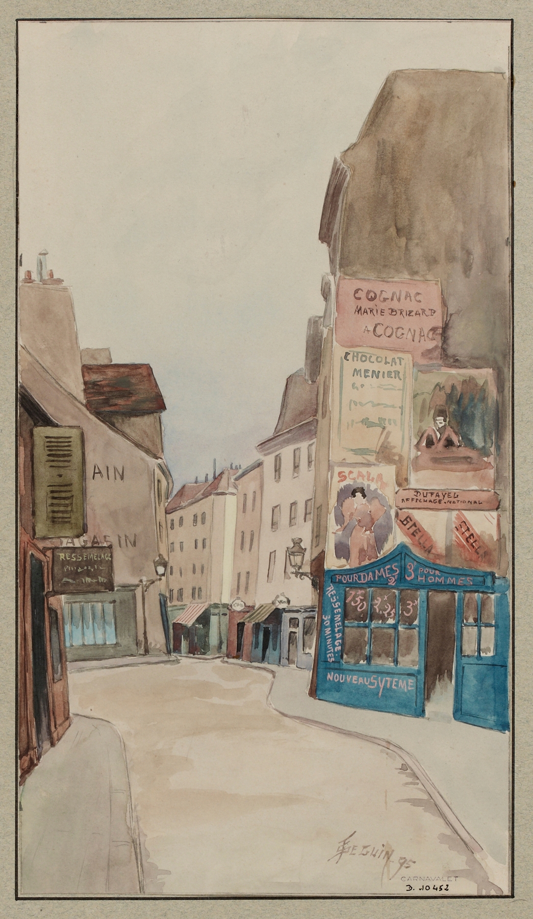 Rue Descartes by F. Séguin, oil on canvas, depicts a cobblestone street at twilight.