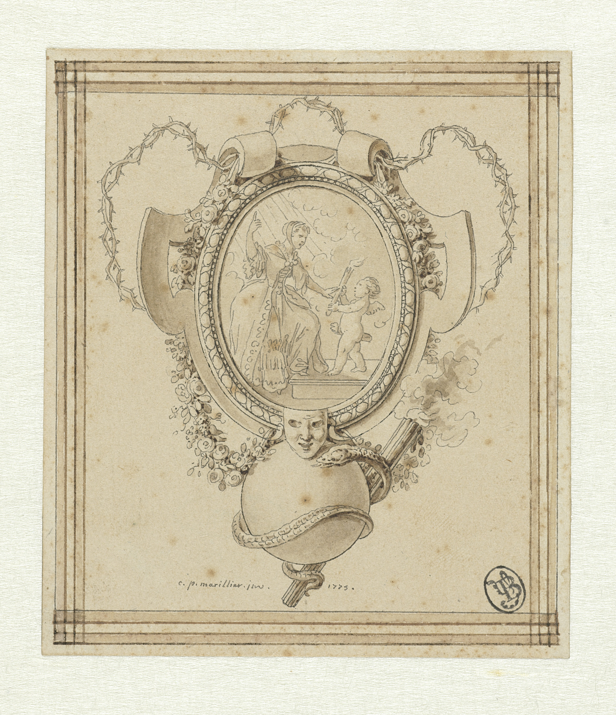 Decorative ink on paper design featuring intricate details by Clément Pierre Marillier