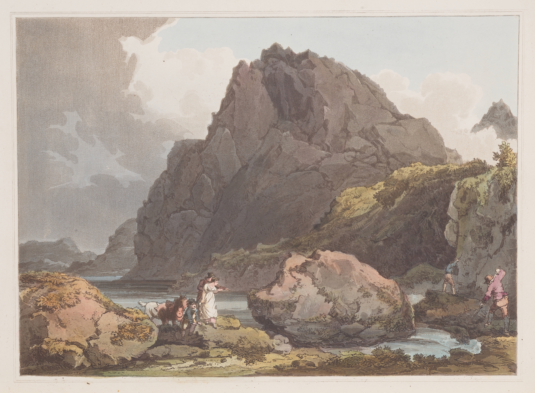 Llyn Ogween by Philip James de Loutherbourg, oil on canvas depicting a tranquil lake and misty mountains.