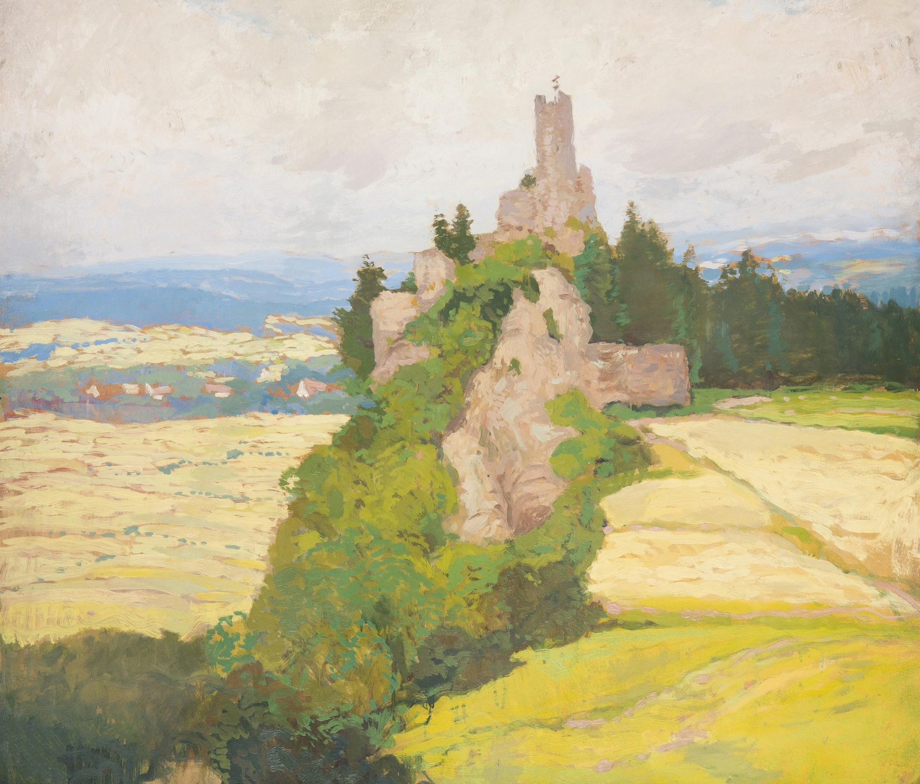 Landscape oil painting by Gustav Macoun depicting ancient ruins and lush greenery