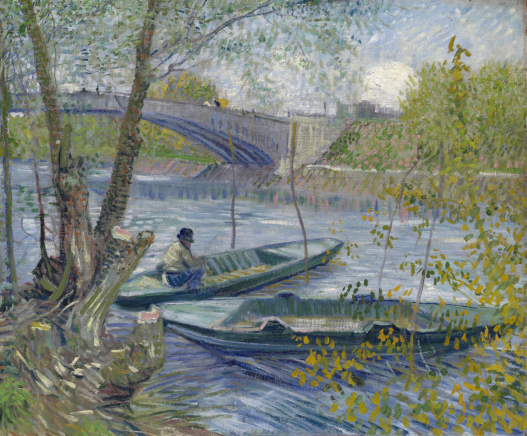 Fishing in Spring, the Pont de Clichy, oil on canvas by Vincent van Gogh showing fishermen by the river