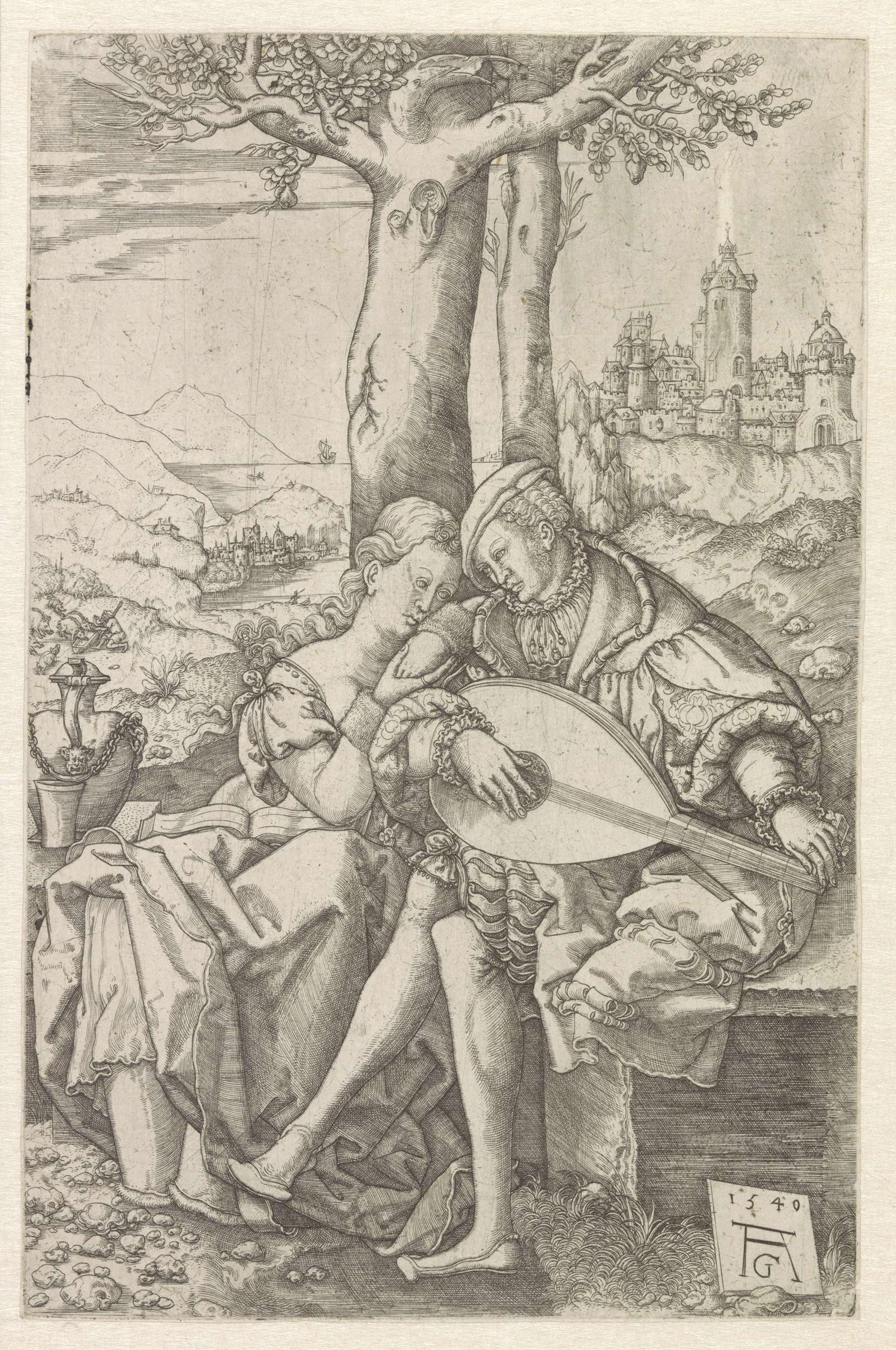 Twee verliefden onder een boom, by Monogrammist AC (16e eeuw), public domain