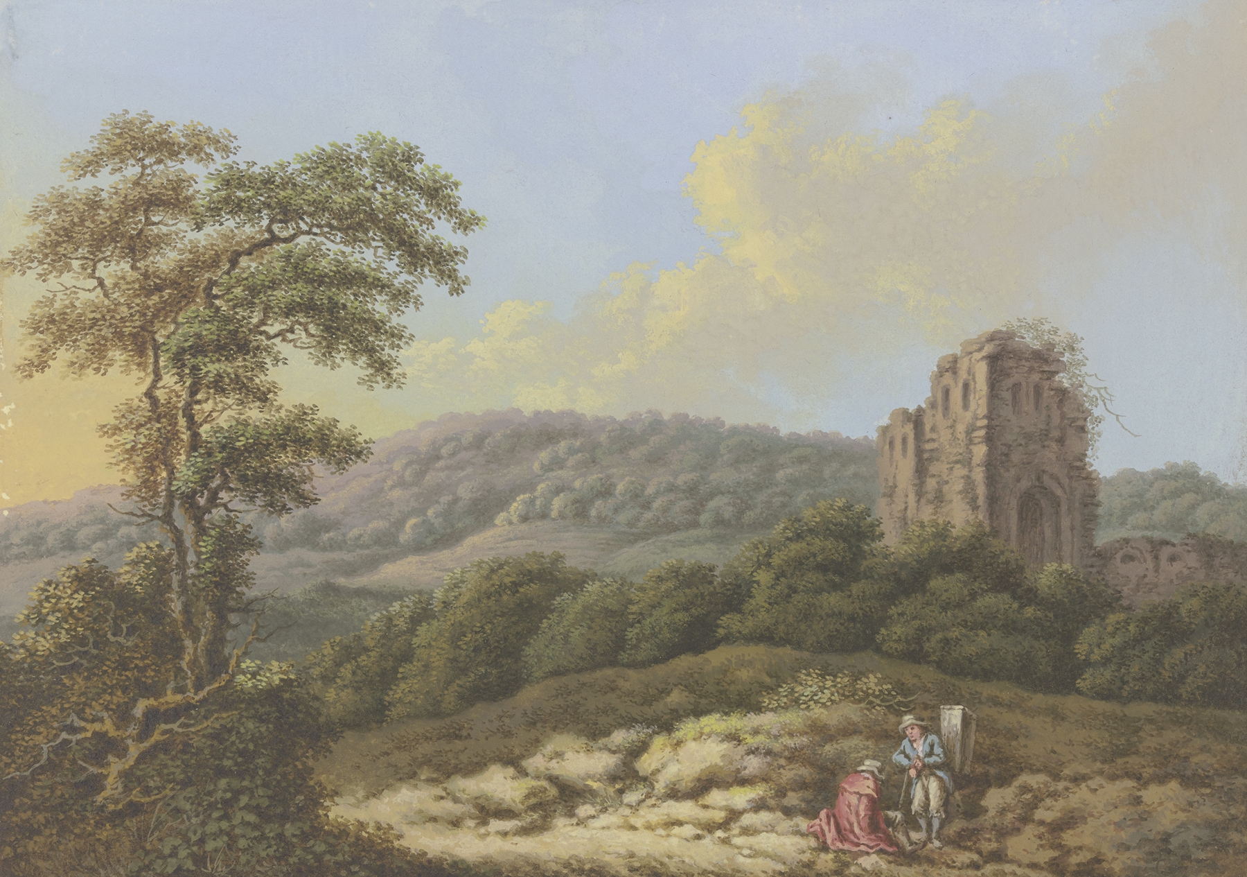 Landscape with ruins and a tall tree, by Johann Albrecht Friedrich Rauscher, medium unknown.