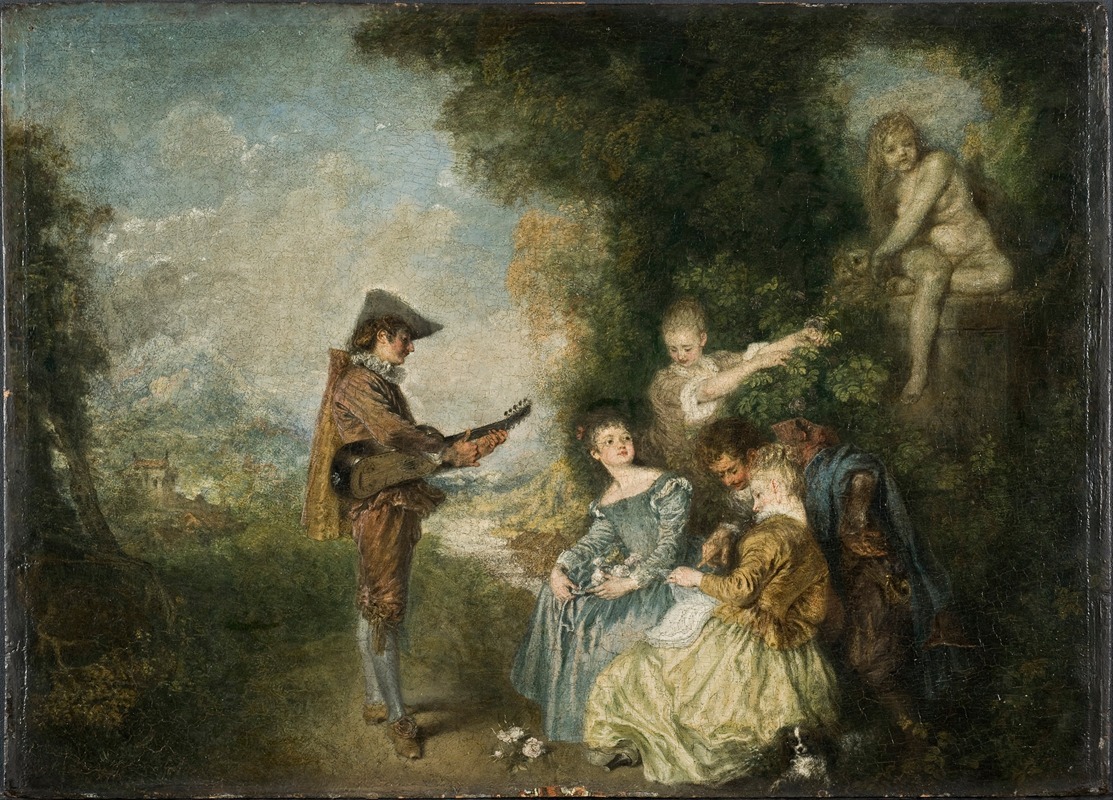 A charming Rococo painting depicting a romantic lesson.