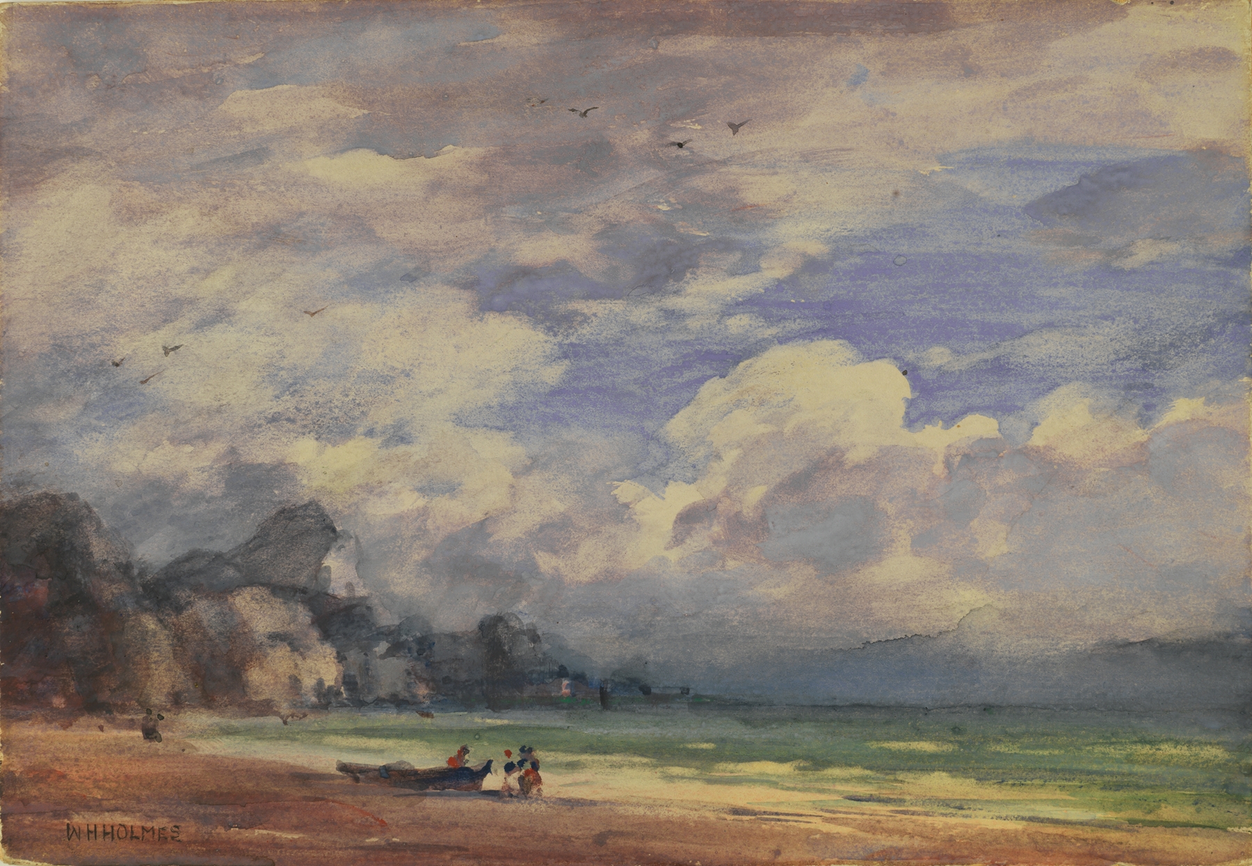 On The California Coast, watercolor on paper by William Henry Holmes, depicting crashing waves and cliffs.