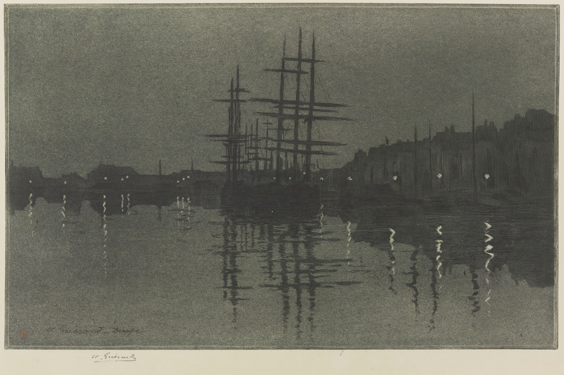 Bassin Duquesne, Dieppe etching by Henri-Charles Guérard depicting shimmering water and reflections